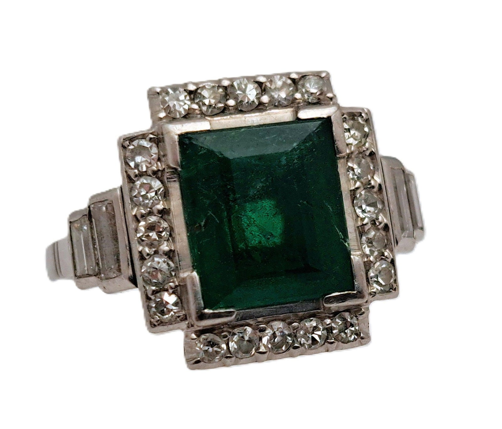 1930s Art Deco GIA Natural Colombian Emerald Antique Platinum Fine Diamond Ring: Estimate $2,000-$3,000 Described & Photographed By: AF HFA 69537 NFDD Title: 1930s Art Deco GIA Natural Colombian Emerald Antique Platinum Fine Diamond Ring Description:1930s Art Deco GIA Natural 