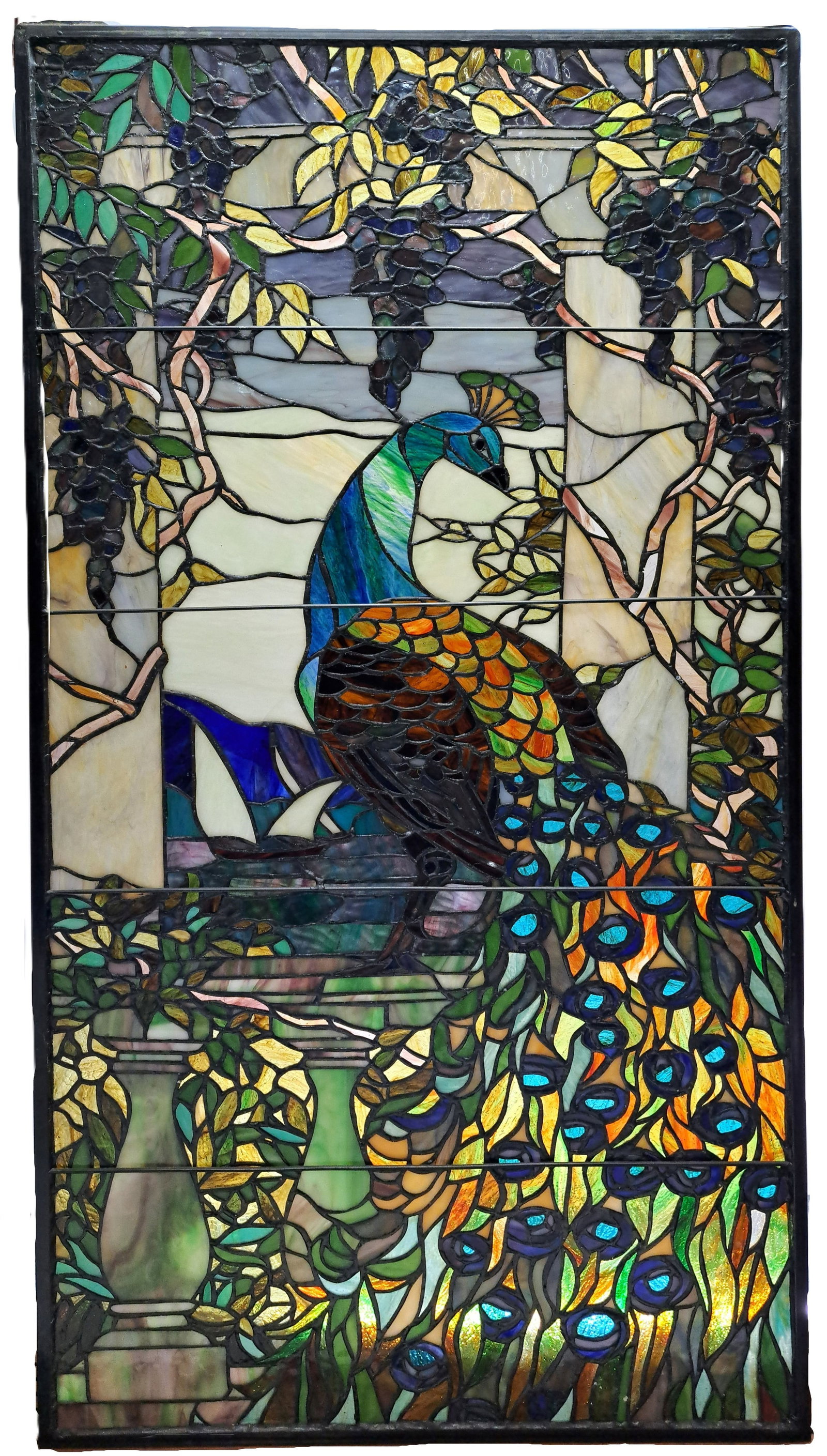 Vintage Tiffany Style Elaborate Peacock Stained Glass Window Panel Nature 40x19 (1 of 12)