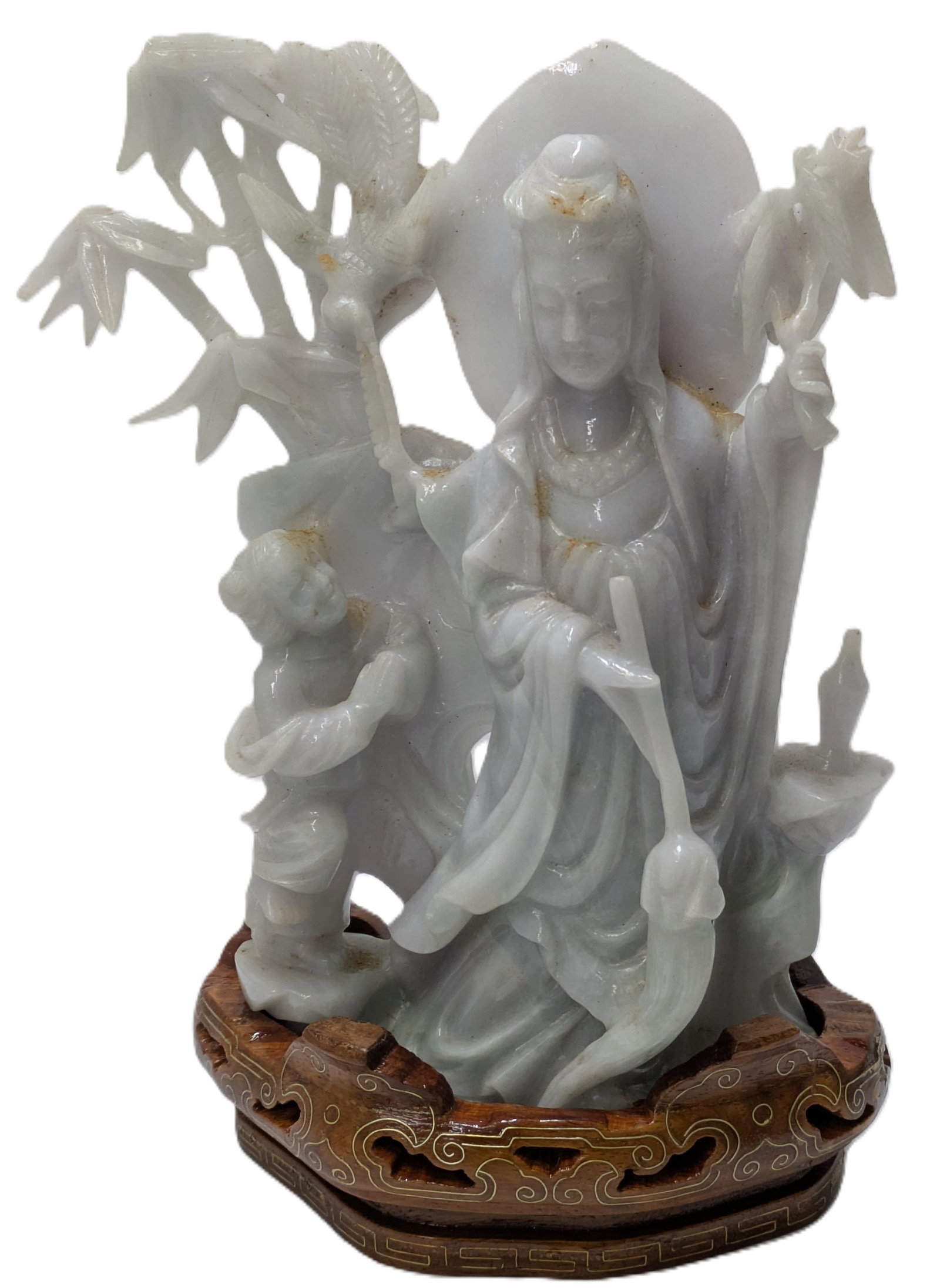 Large Light Blue Jade Piece Carved Statue With Stand Box Included: Described by: Adams CNX 0100 0233 Title: Large Light Blue Jade Piece Carved Statue With Stand Box Included Description: Large Light Blue Jade Piece Carved Statue With Stand Box IncludedTwo piece jad