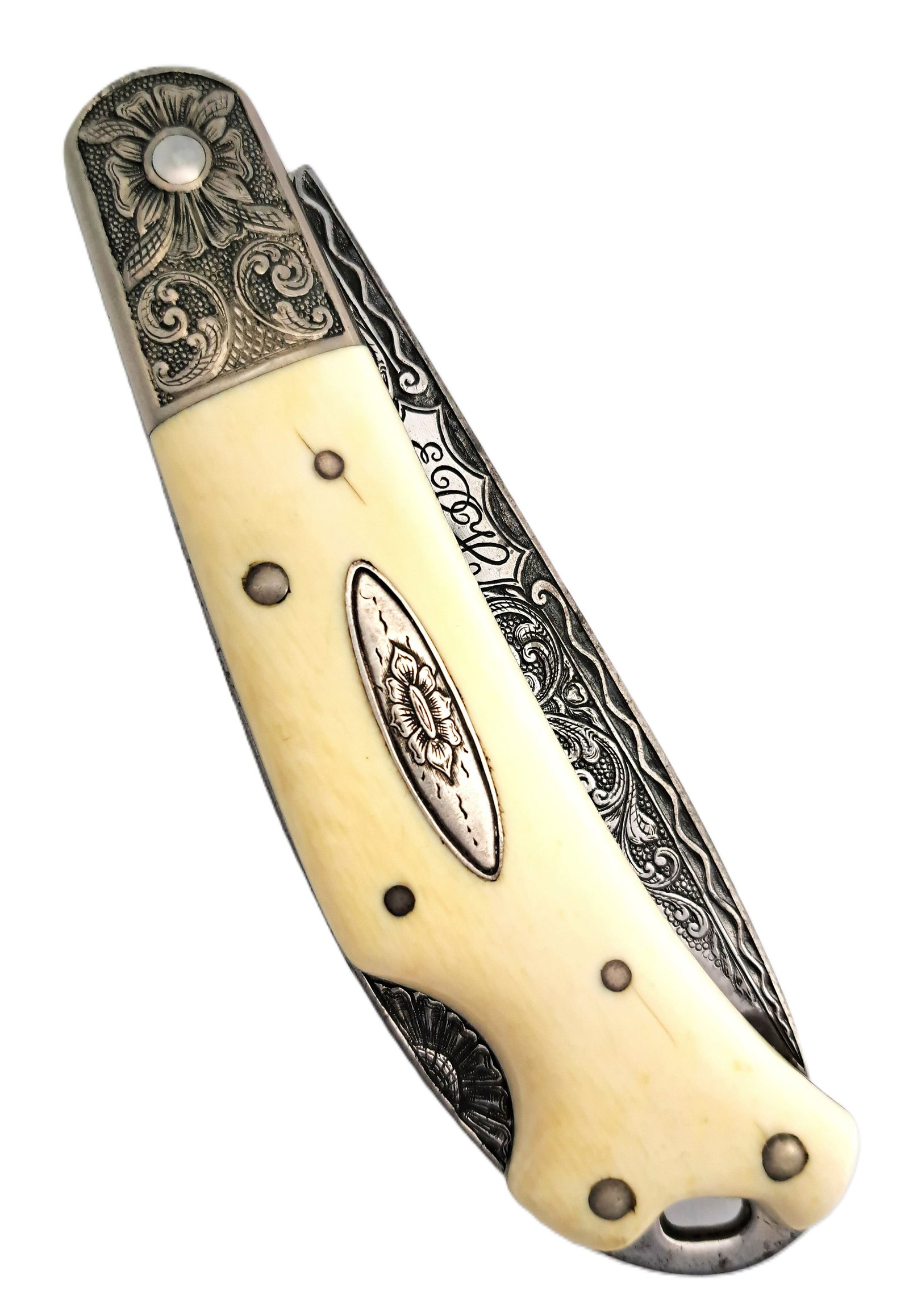 H. H. Frank Hand Carved Handle Folding Knife Engraved Blade Horse Head (1 of 6)