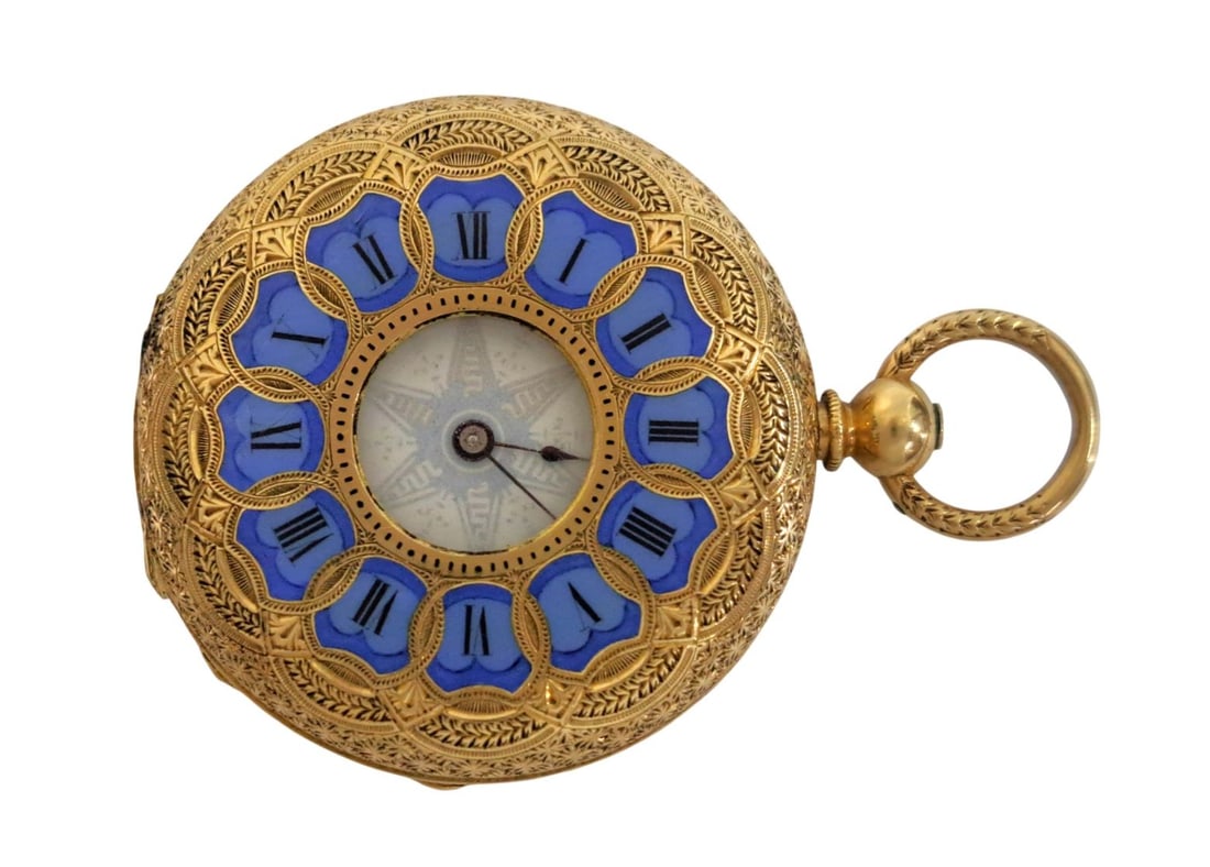 Exquisite Enamel Fancy Dial Ladies Hunter Key Wind 18k Gold Pocket Watch: Described By Mike NODDD 71674ESTIMATE 1750-2500 Title Exquisite Enamel Fancy Dial Ladies Hunter Key Wind 18k Gold Pocket Watch Description Beautiful timepiece! Marked Lapraik London and Hong Kong the 