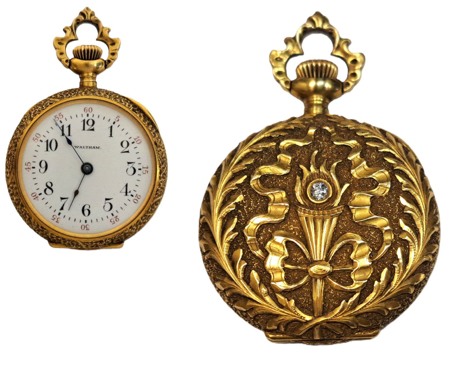 Exquisite 14k Gold Waltham Ladies Diamond Pocket Pendant Watch Ruby Movement Carved Torch Ribbon: Described By Mike NFDDD 71672 Title Exquisite 14k Gold Waltham Ladies Diamond Pocket Pendant Watch Ruby Movement w Deeply Carved Torch and Ribbon Motif Description Beautifu