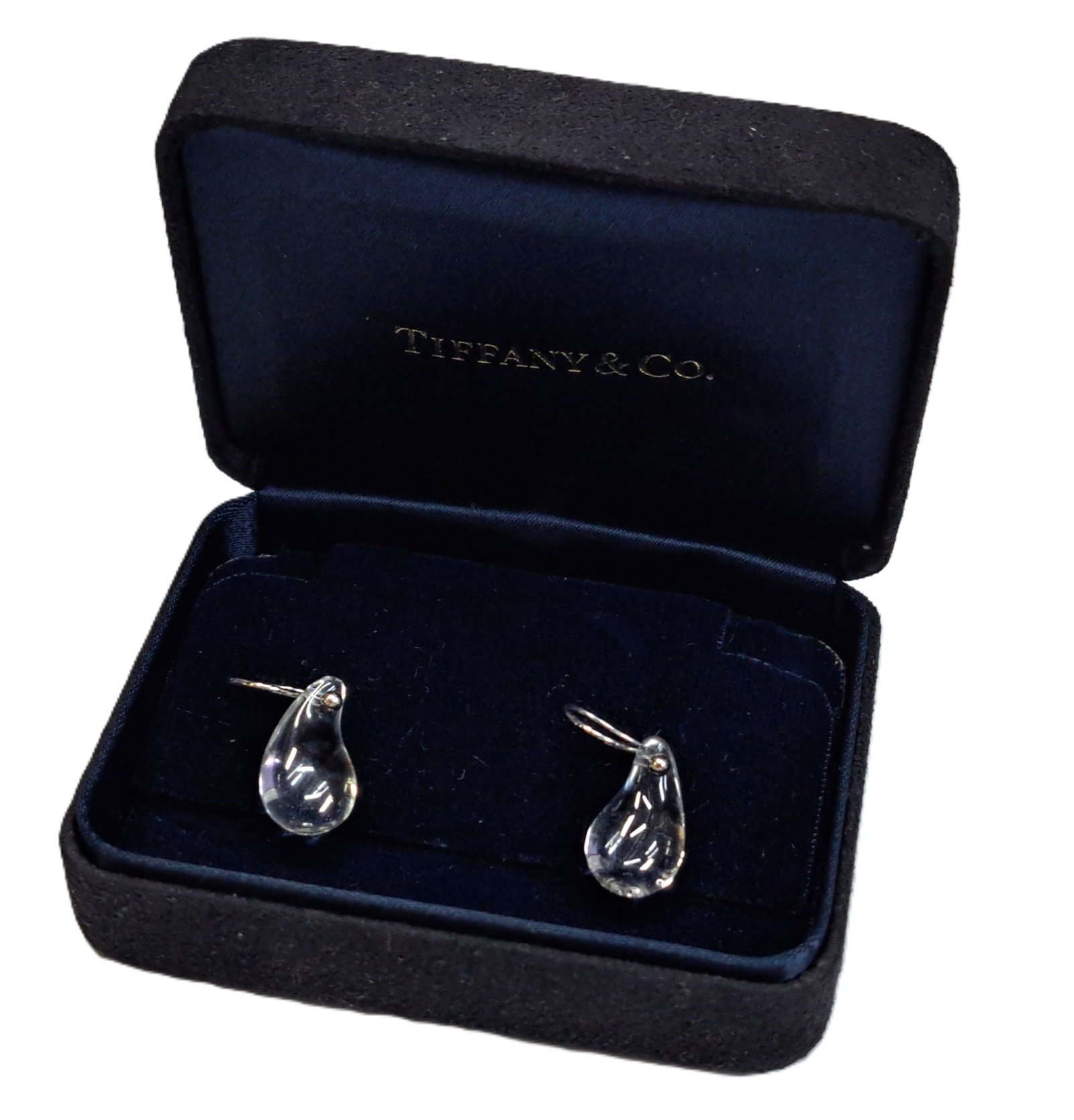 Genuine Tiffany & Co. Elsa Peretti Platinum Art Glass Teardrop Ladies Dangle Earrings: Described & Photographed By Mike NODD 71654 Title Genuine Tiffany & Co. Elsa Peretti Platinum Art Glass Teardrop Ladies Dangle Earrings Description Bea
