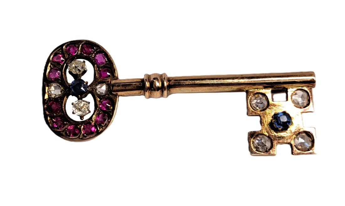 Feb 16th 1894 Key to City Brooch Natural Diamond Ruby Sapphire 14k Yellow Gold (1 of 5)