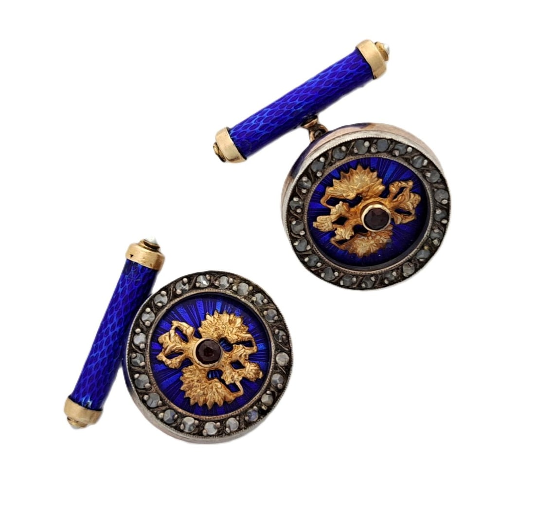 Gorgeous Russian 14k Yellow Gold Edwardian Diamond Enamel Cufflinks Good Condition: Described & Photographed By August R NFYDD DT71058 Title Gorgeous Russian 14k Yellow Gold Edwardian Diamond Enamel Cufflinks Good Condition Description These stunning cufflinks l