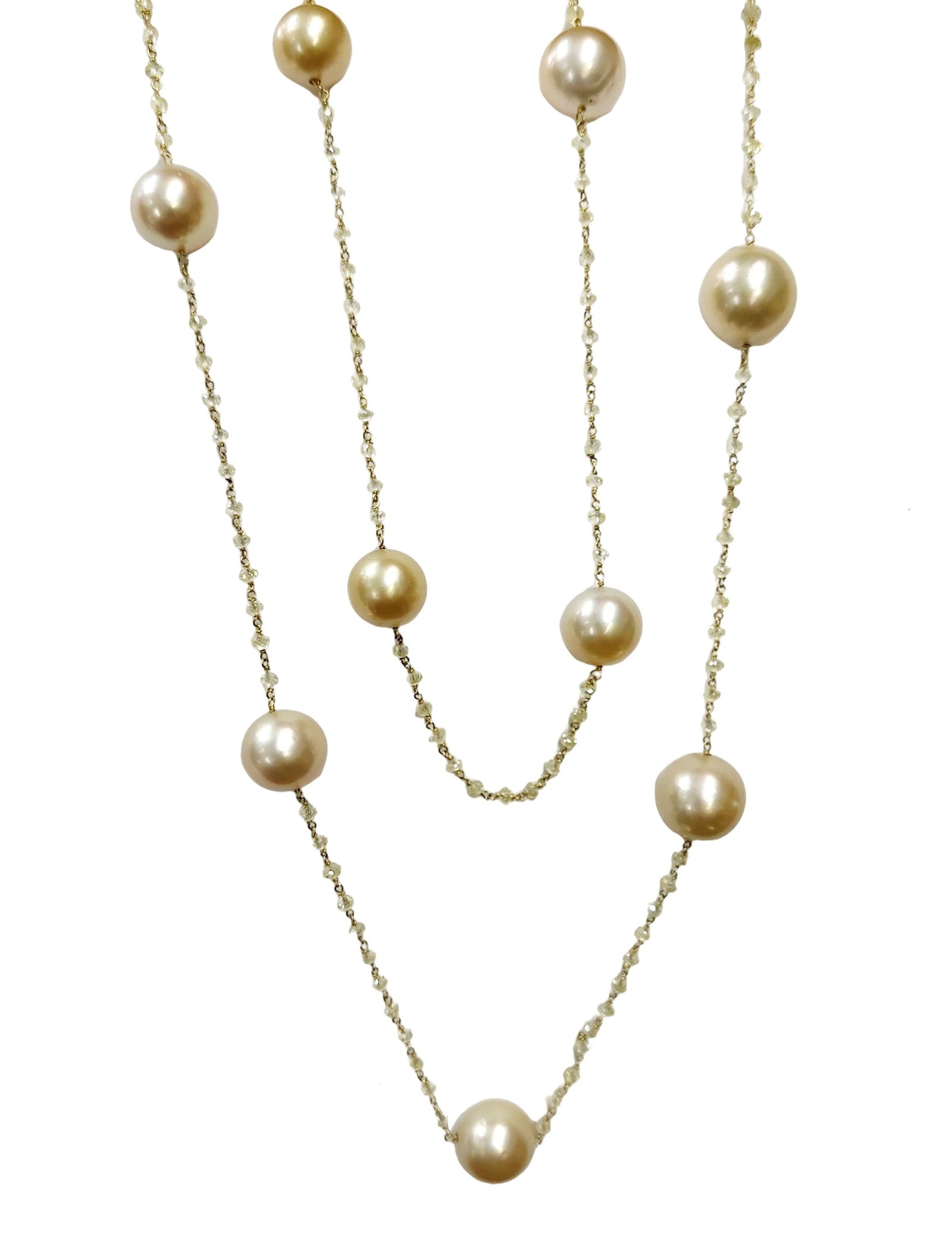 GIA 20ctw Fancy Light Yellow Briolette Diamond 11-14mm Cultured South Sea Pearl 18k Gold Designer: Described & Photographed By:CHRIS AJP GIA / CNX JPH / EST. $10.000-$15,000 Title: GIA 20ctw Fancy Light Yellow Briolette Diamond 11-14mm Cultured South Sea Pearl 18k Gold Designer Station Necklace Des