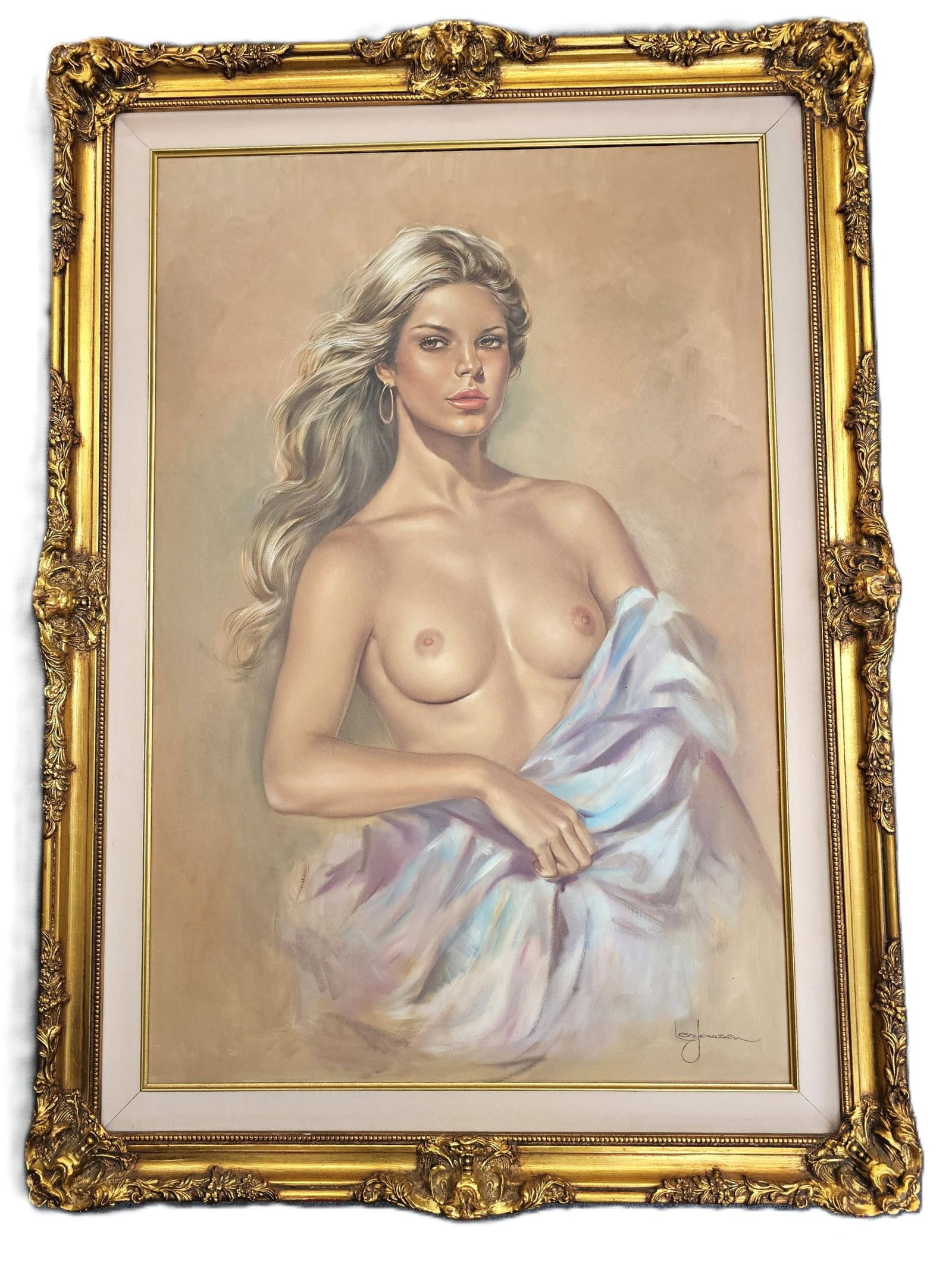 Artist Signed Leo Jansen Thumbprint Glamorous Female Nude Blonde Earring Adorned Acrylic Painting: Described By: August R CNX 0475 1548 Title: Artist Signed Leo Jansen Thumbprint Glamorous Female Nude Blonde Earring Adorned Acrylic Painting Description: Leo Jansen was a