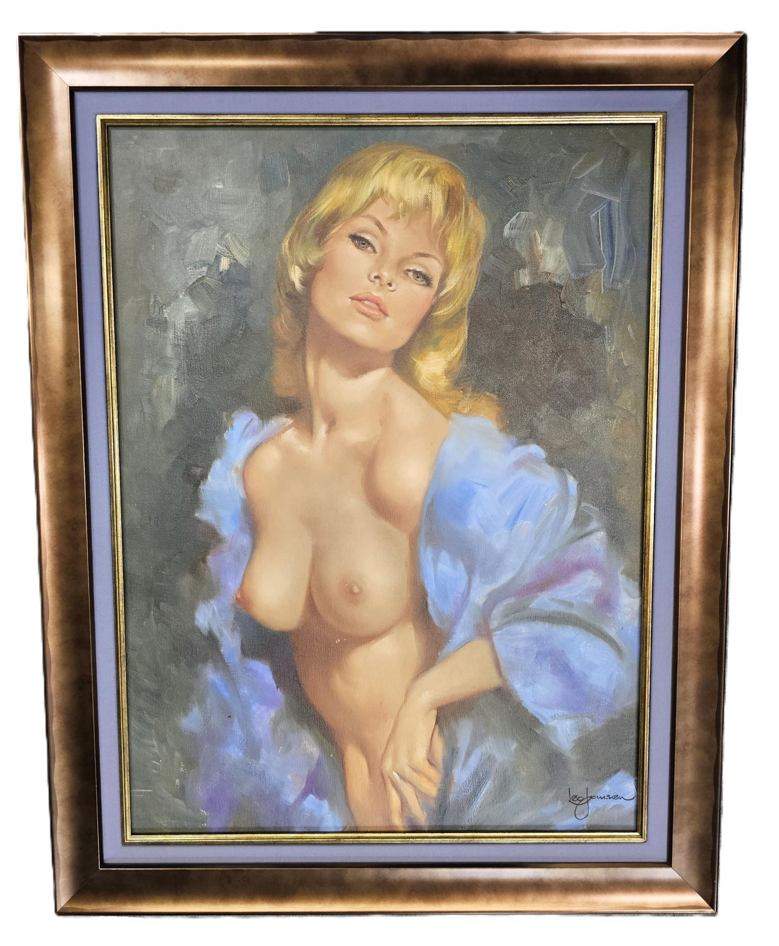 Leo Jansen Signed Hollywood Style Blonde Blue Shawl Feather Boa Playboy Oil Painting: Described By:August R CNX 0475 1555 Title:Artist Signed Leo Jansen Hollywood Style Blonde w Blue Shawl Boa Oil Painting Description: Leo Jansen was a Dutch artist known for his largescale nude oil pai