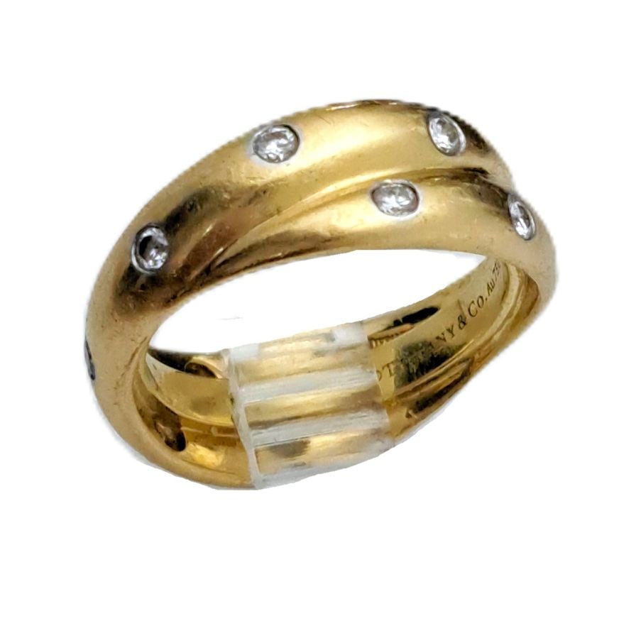 18k Gold Tiffany & Co Etoile Diamond Crossover Ring Size 4.25 w/ Original Box: Described & Photographed By: Rafe CNX 0434 1410 Title: 18k Gold Tiffany & Co Etoile Diamond Crossover Ring Size 4.25 w/ Original Box Description:18k Gold Tiffany & Co Etoile Diamond Crossover Ring Siz