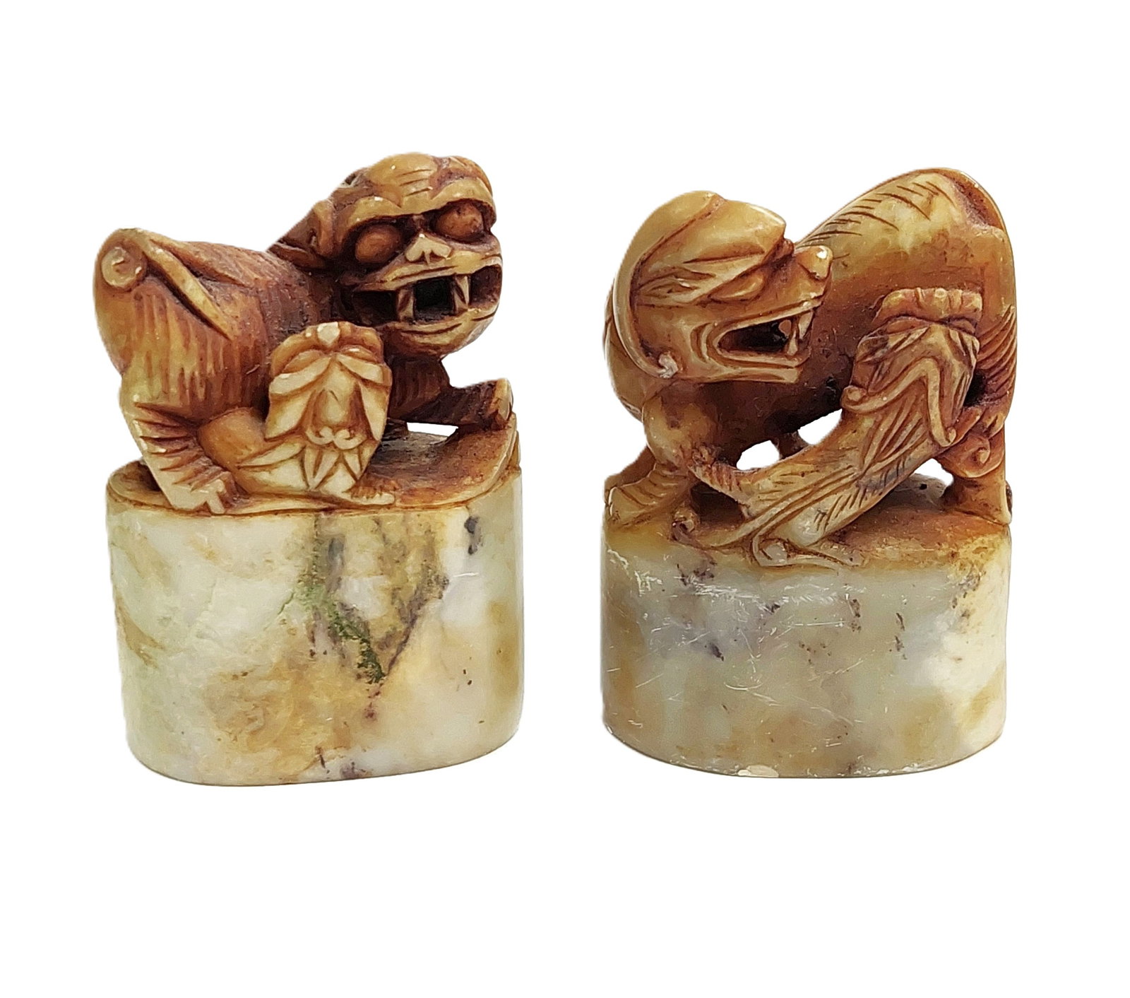 Antique Matching Chinese Foo Dog Lion Carved Stone Figures or Stamps Seals (1 of 10)