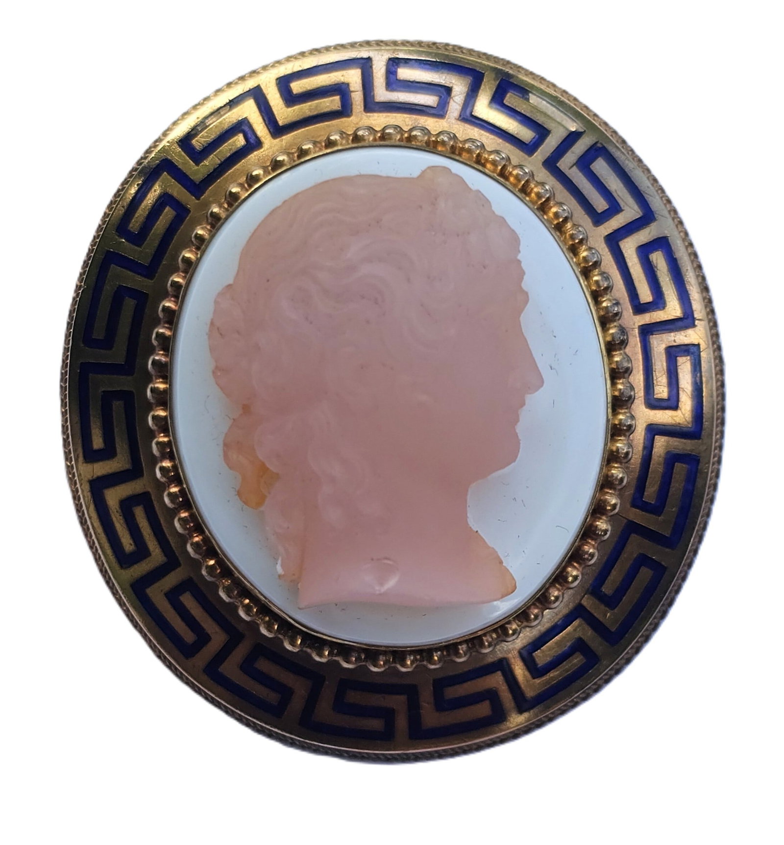 Exquisite Well Defined Cameo Rose Quartz Chalcedony Enamel Greek Key Victorian Locket 18 K Gold: Described By: August Adams NFEDD Title: Exquisite Rose Quartz Chalcedony Well Defined Cameo Greek Key Victorian Locket 18 K Gold Description: Absolutely stunning piece. Gorgeous cameo locket brooch. C