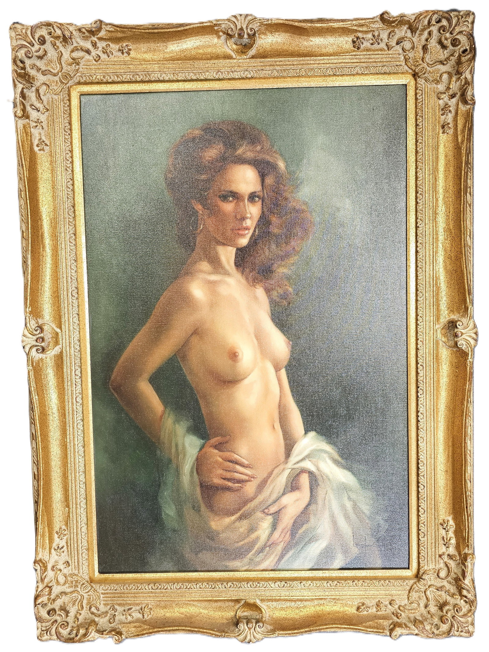 Artist Signed Leo Jansen Vintage Nude Adorned Brunette Blowout Woman Hoop Oil Painting: Described By: August Reedy ND Title: Artist Signed Leo Jansen Brunette Blowout Woman w Hoop Earrings Oil Painting Description: Leo Jansen was a Dutch artist known for his largescale nude oil paintings
