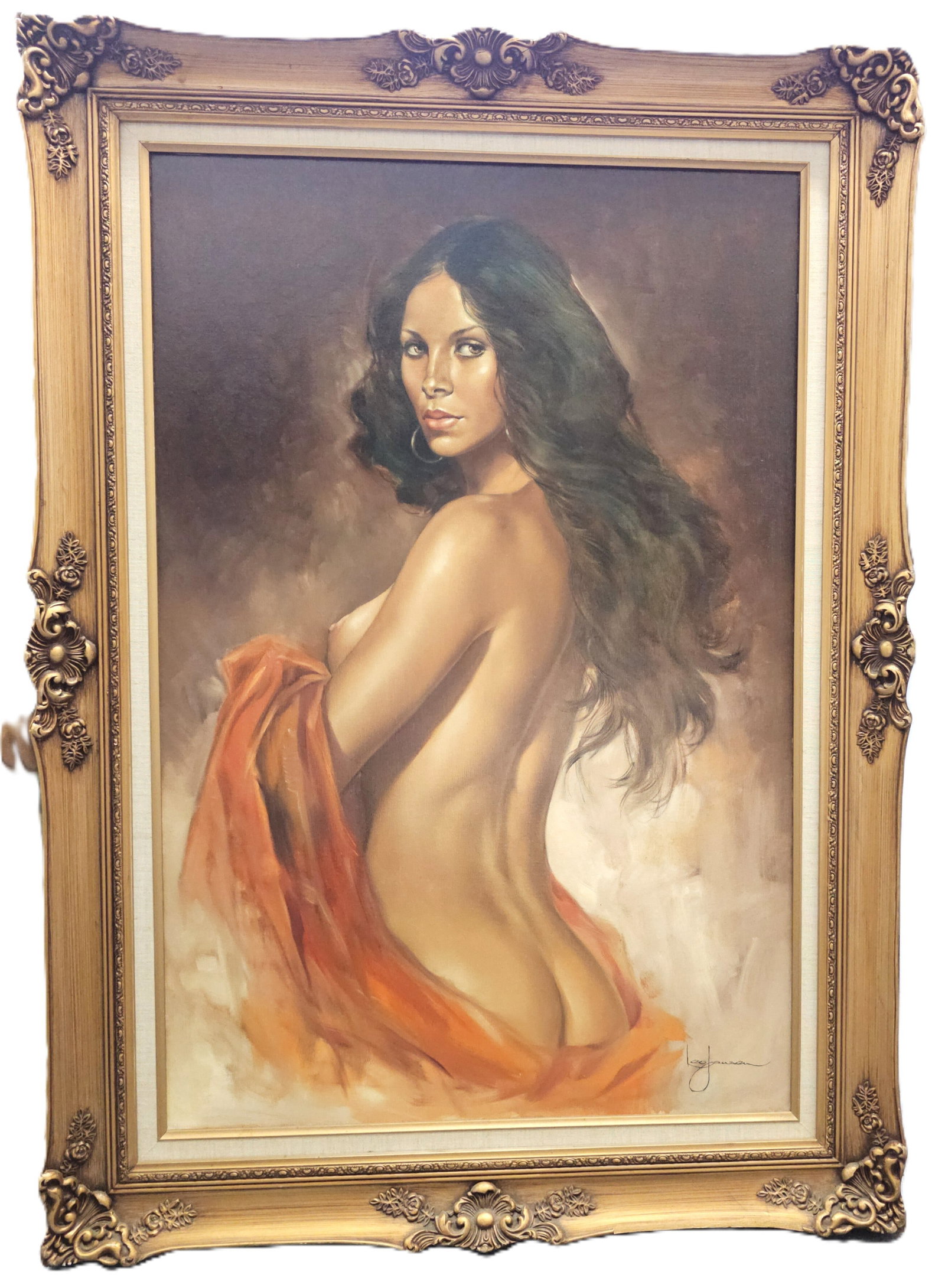 Artist Signed Wavy Long Hair Woman w Hoops and Orange Shawl Oil Painting: Described By: August Reedy ND Title: Artist Signed Wavy Long Hair Woman w Hoops and Orange Shawl Oil Painting Description: Leo Jansen was a Dutch artist known for his largescale nude oil paintings tha