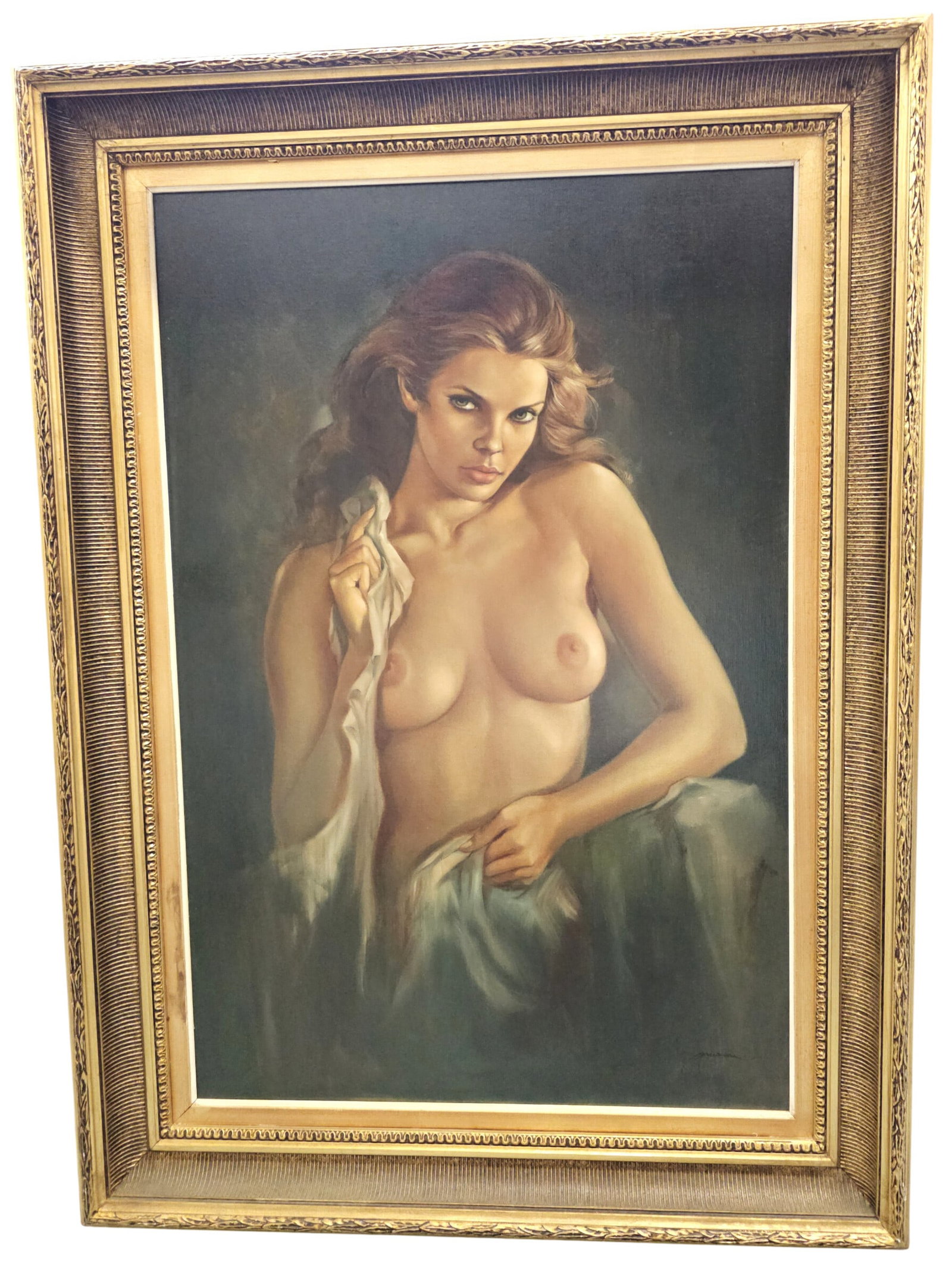Artist Signed Leo Jansen Blonde Wavy Woman Holding Blanket Oil Painting: Described By: August Reedy ND Title: Artist Signed Leo Jansen Blonde Wavy Woman Holding Blanket Oil Painting Description: Leo Jansen was a Dutch artist known for his largesca