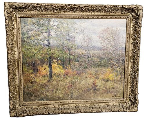 John Elwood J E Bundy Richmond Indiana IN Impressionist Autumn Landscape Painting Original Owner: Described By: August Adams ND Title: John Elwood J E Bundy Richmond Indiana IN Impressionist Autumn Landscape Painting Original Owner 16x20 Inch Family Inscribed Description: