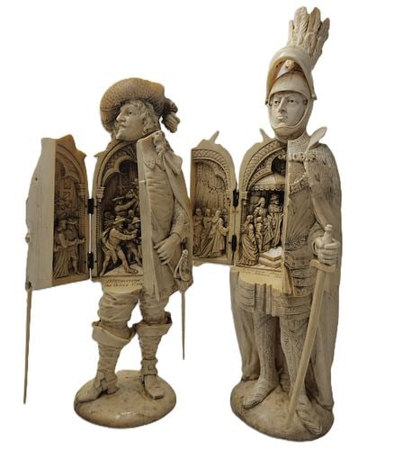 Circa 1770 & 1850 Irreplaceable Approx 13 inch Tall Antique Ivory Carvings of Oliver Cromwell and: Described By: August Adams NODDD Title: Circa 1770 & 1850 Irreplaceable Approx 13 inch Tall Antique Ivory Carvings of Oliver Cromwell and Emperor Maximilian Description:
