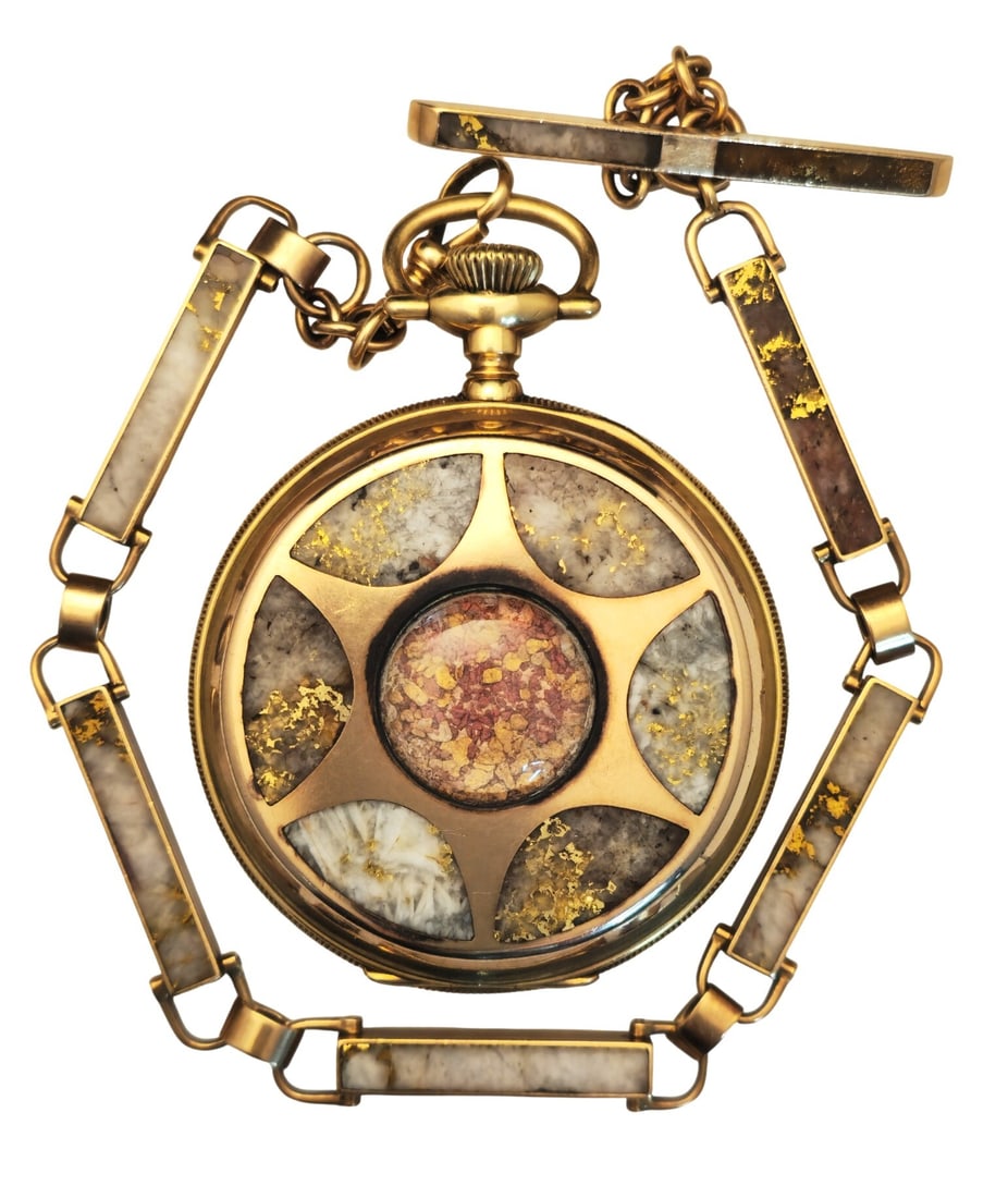 Large Tailholt California Mine Gold In Quartz 1870s Gold Nugget Large Mens Pocket Watch And Chain (1 of 4)