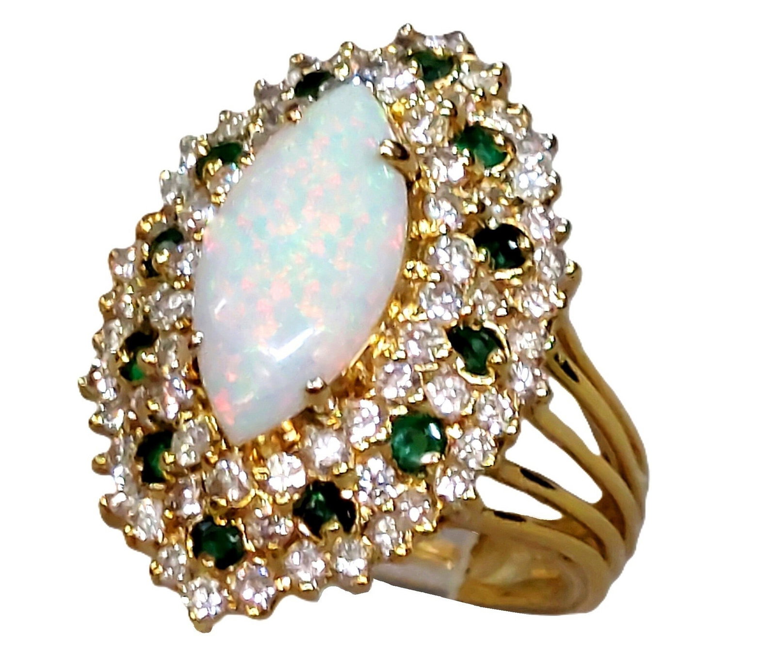 GIA 16mm Natural Australian Opal Emerald Fine Diamond Heavy 18k Gold Signed Midcentury Ring: Described By: Chris Falconer NOEDD Title: GIA 16mm Natural Australian Opal Emerald Fine Diamond Heavy 18k Gold Signed Midcentury Ring Description: A magnificent looking designer signed midcentury ring