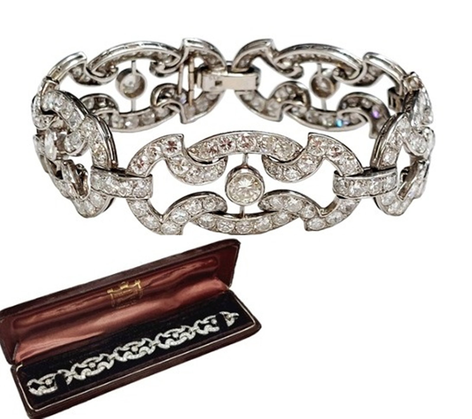 Amazing Approx. 15ctw Quality Diamond Heavy Platinum Art Deco Era Statement Bracelet: Described By: Chris Falconer ND Title: Amazing Approx. 15ctw Quality Diamond Heavy Platinum Art Deco Era Statement Bracelet Description: A breathtaking Art Deco era platinum bracelet that features app