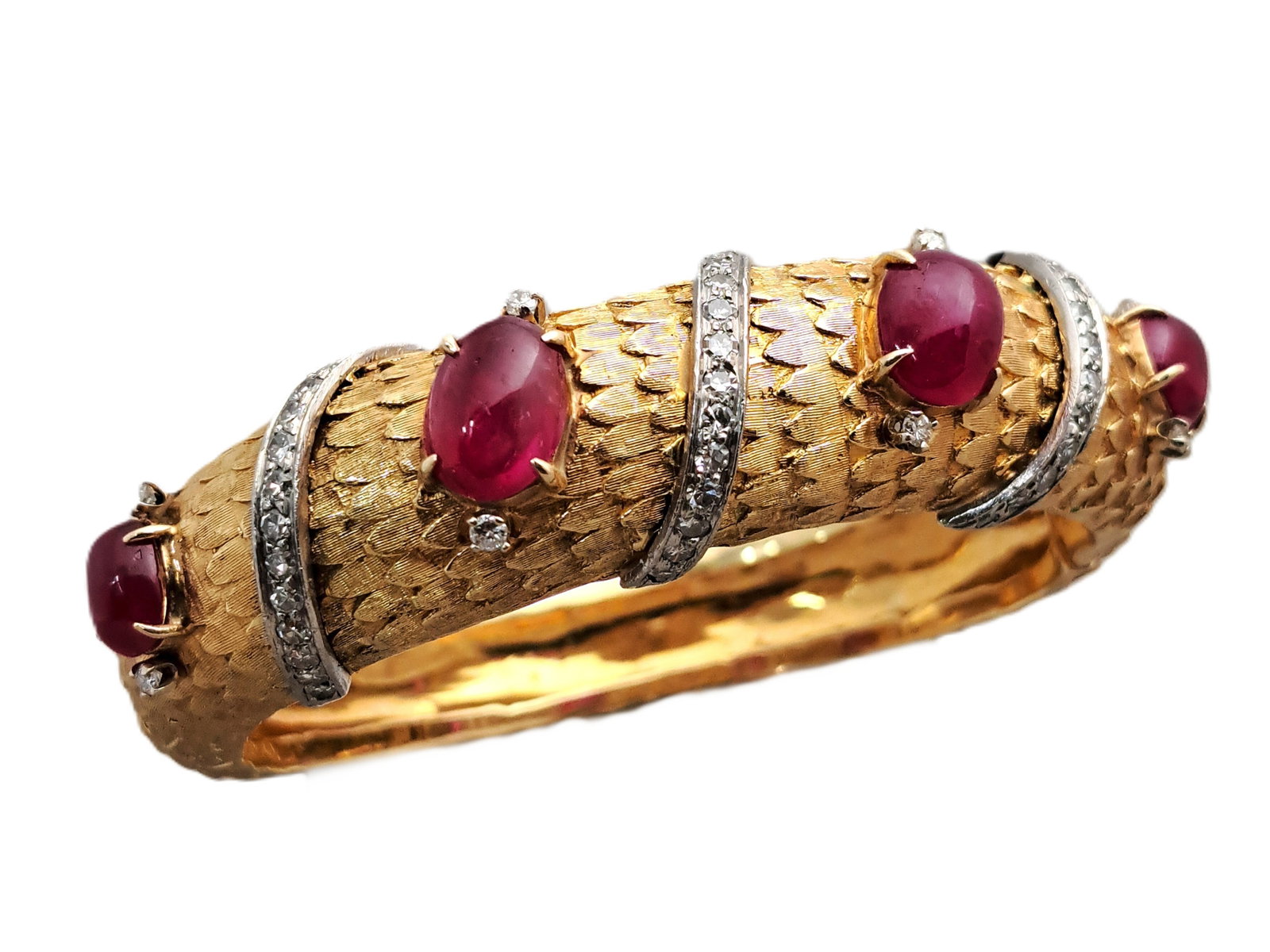 GIA Bright Red Natrual Burma Ruby No Heat Fine Diamond Dragon Scale 18k Gold Bangle Bracelet: Described By: Ayanna Fowler NYDDD Title: GIA Bright Red Natrual Burma Ruby No Heat Fine Diamond Dragon Scale 18k Gold Bangle Bracelet Description: The dragon scale motif is similar to the work of majo