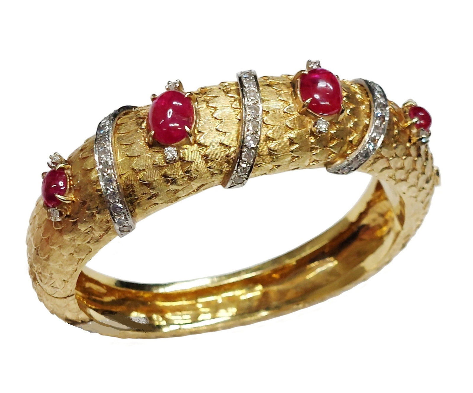 GIA Bright Red Natural No Heat Burma Ruby Heavy 18k Gold Diamond Designer Signed Bangle Bracelet: Described By: Chris Falconer NYDDD Title: GIA Bright Red Natural No Heat Burma Ruby Heavy 18k Gold Diamond Designer Signed Bangle Bracelet Description: We calculate 9ctw of transparent, clean, bright 