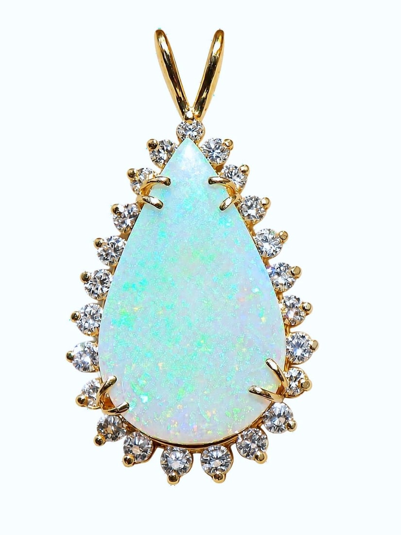 GIA 30.7mm Huge Australian Fiery Opal 2.20CTW Fine Diamond Halo Pear Cabochon Statement Pendant (1 of 9)