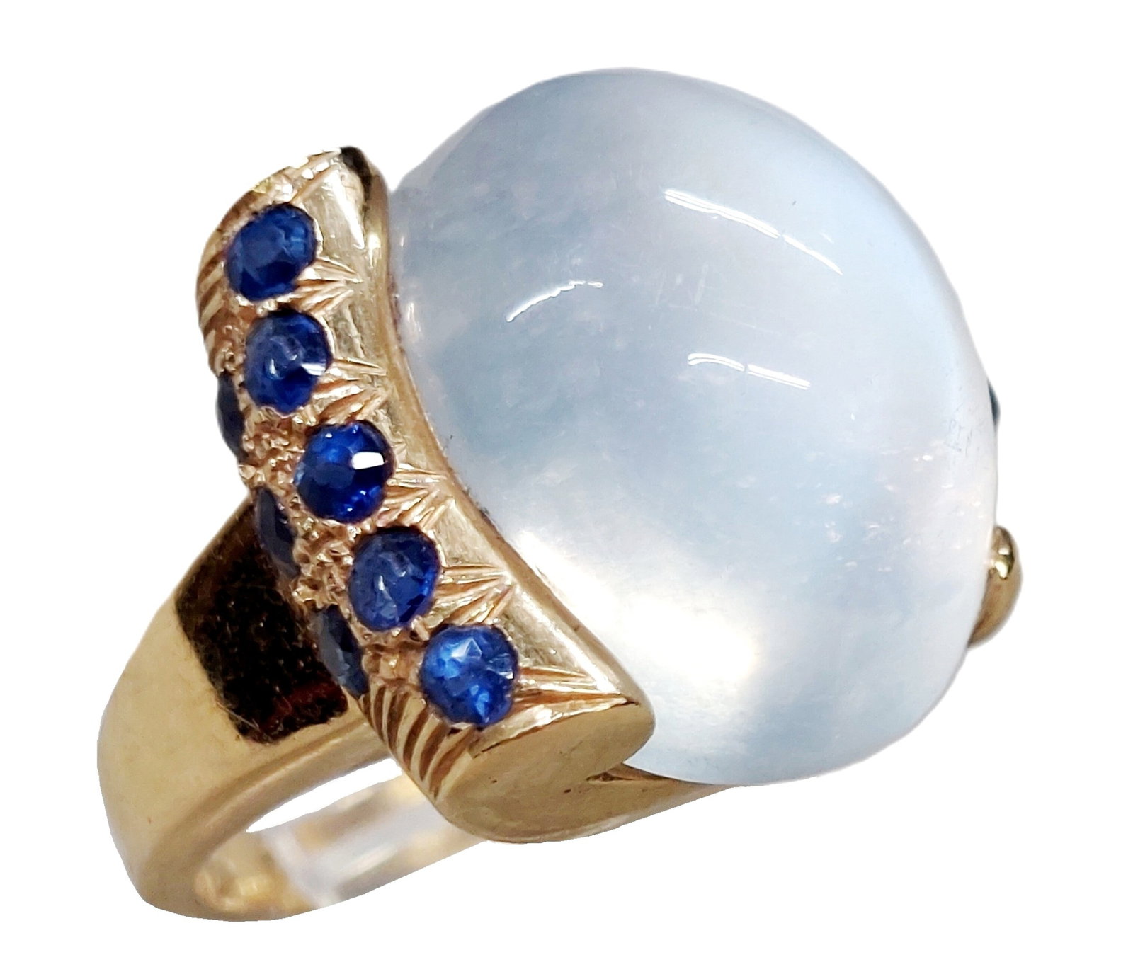 Giant Retro Deco Era Blue Moonstone Natural Sapphire Diamond 14k Gold Signed Numered Ring: HFA DT72286 Described By: Chris Falconer NFFOE Title: Giant Retro Deco Era Blue Moonstone Natural Sapphire Diamond 14k Gold Signed Numered Ring Description: This dreamy blue moonstone has almost a cat