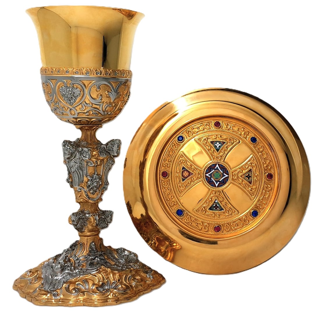 Metalli d Arte Exceptional Gilt Repousse Chalice and Enamel Jeweled Paten Christian Religious Items (1 of 9)