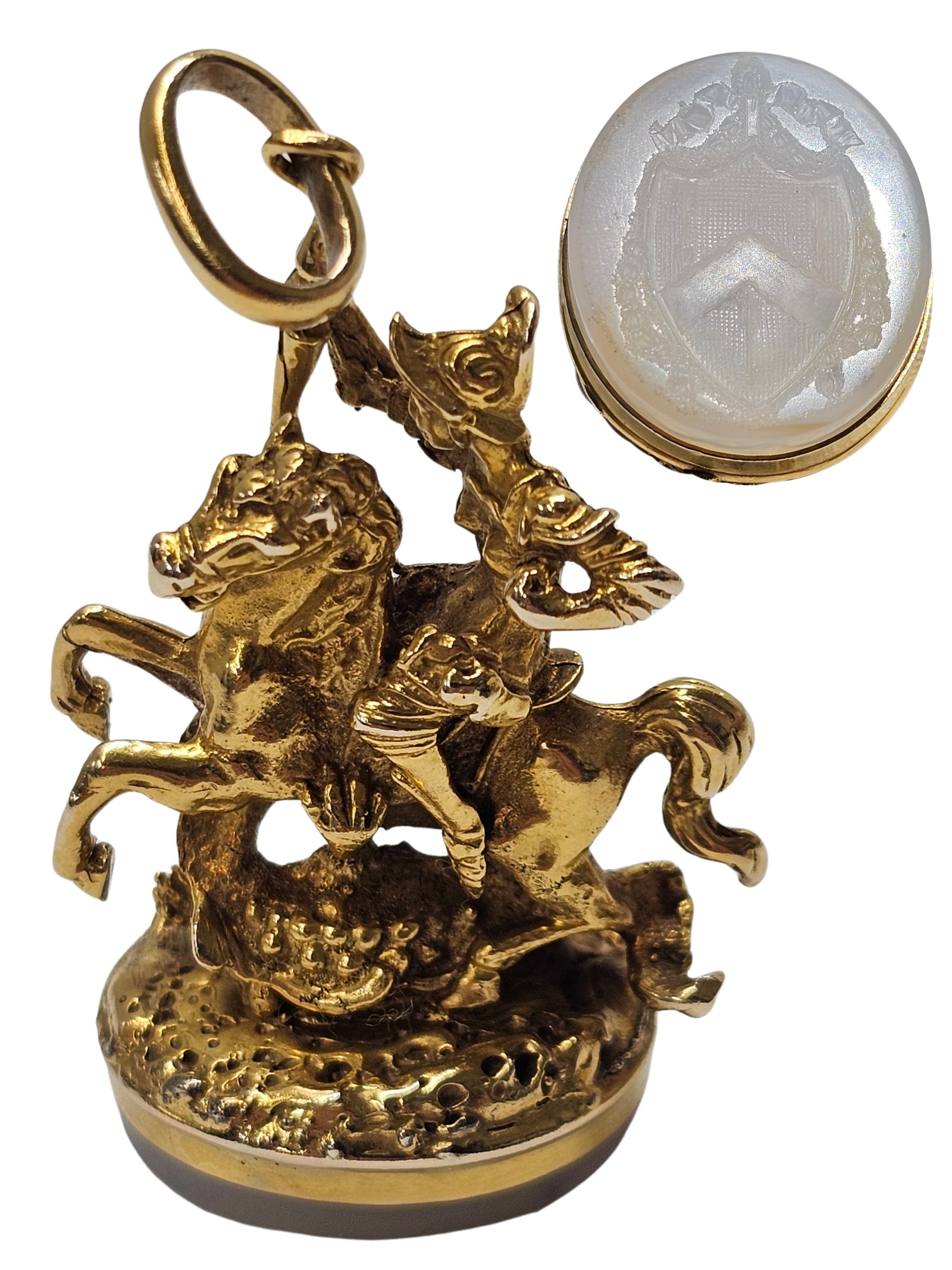 Outstanding 100 Year Old Gold Conquistador Pocket Watch Fob Family Crest or Seal (1 of 11)