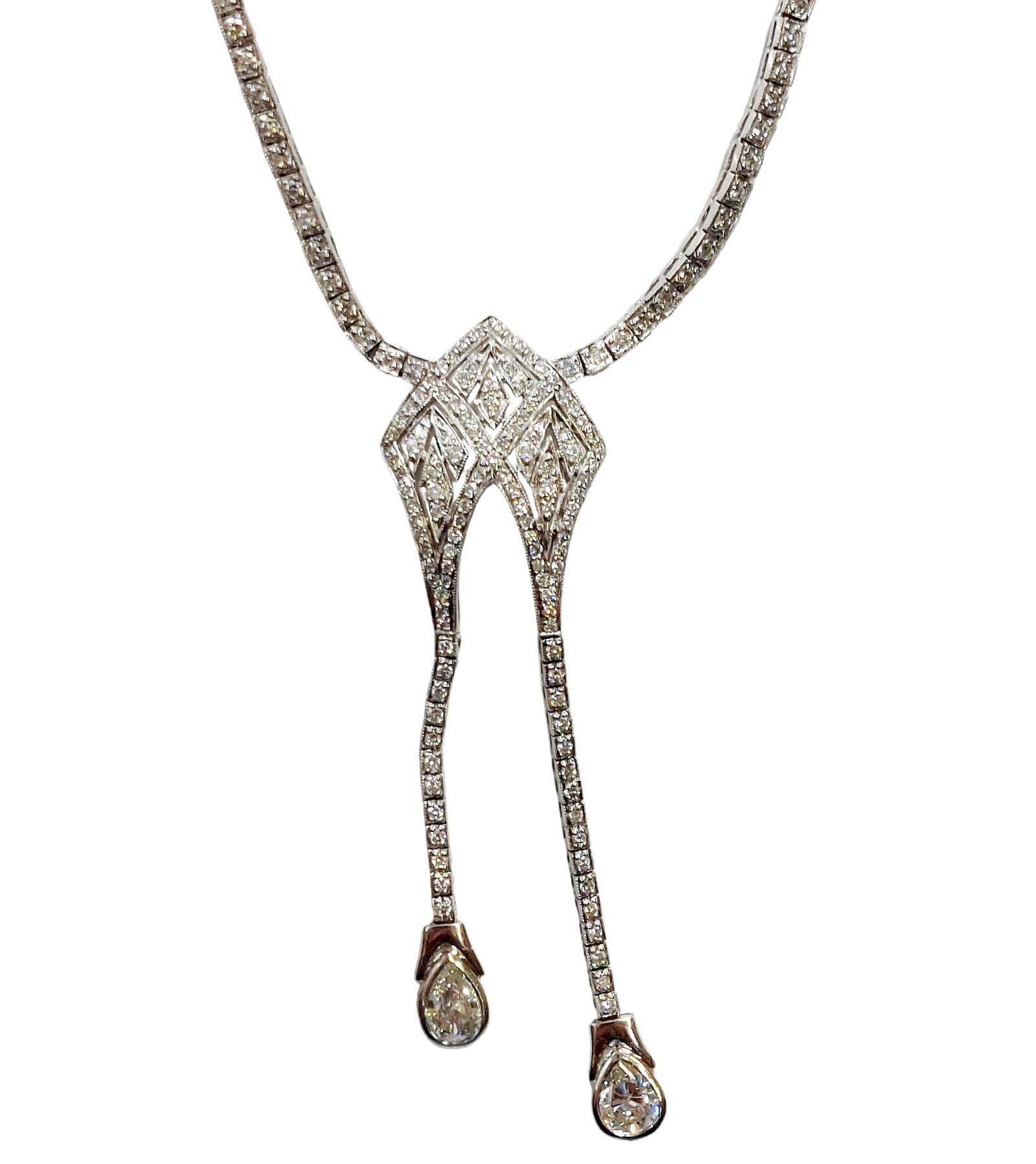 Sophia D. Mega Diamond Platinum Art Deco Revival Dangle Necklace w/ 2 Large Pair Diamond Drops: HFA DT72263 Described By: Chris AJP GIA NOEDD Title: Sophia D. Mega Diamond Platinum Art Deco Revival Dangle Necklace w/ 2 Large Pair Diamond Drops Description: A strik