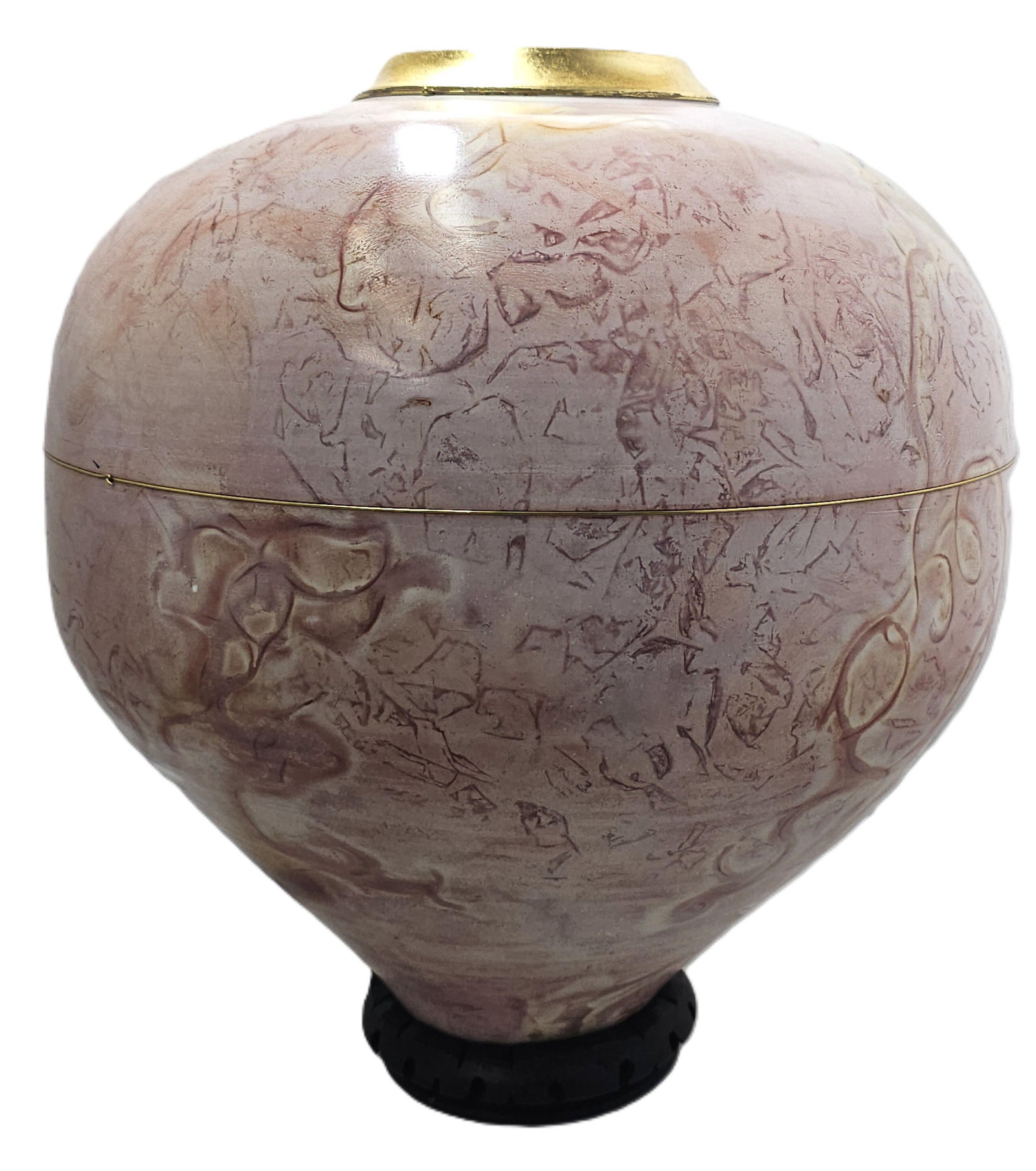 Pretty Signed Raku Pink Pottery Vase by George and Wanda Holland Gold Tone Bands: HFA DT72549 Described By: August R NODD Title: Pretty Signed Raku Pink Pottery Vase by George and Wanda Holland Gold Tone Bands Description: Pretty Signed Raku Pink Pot