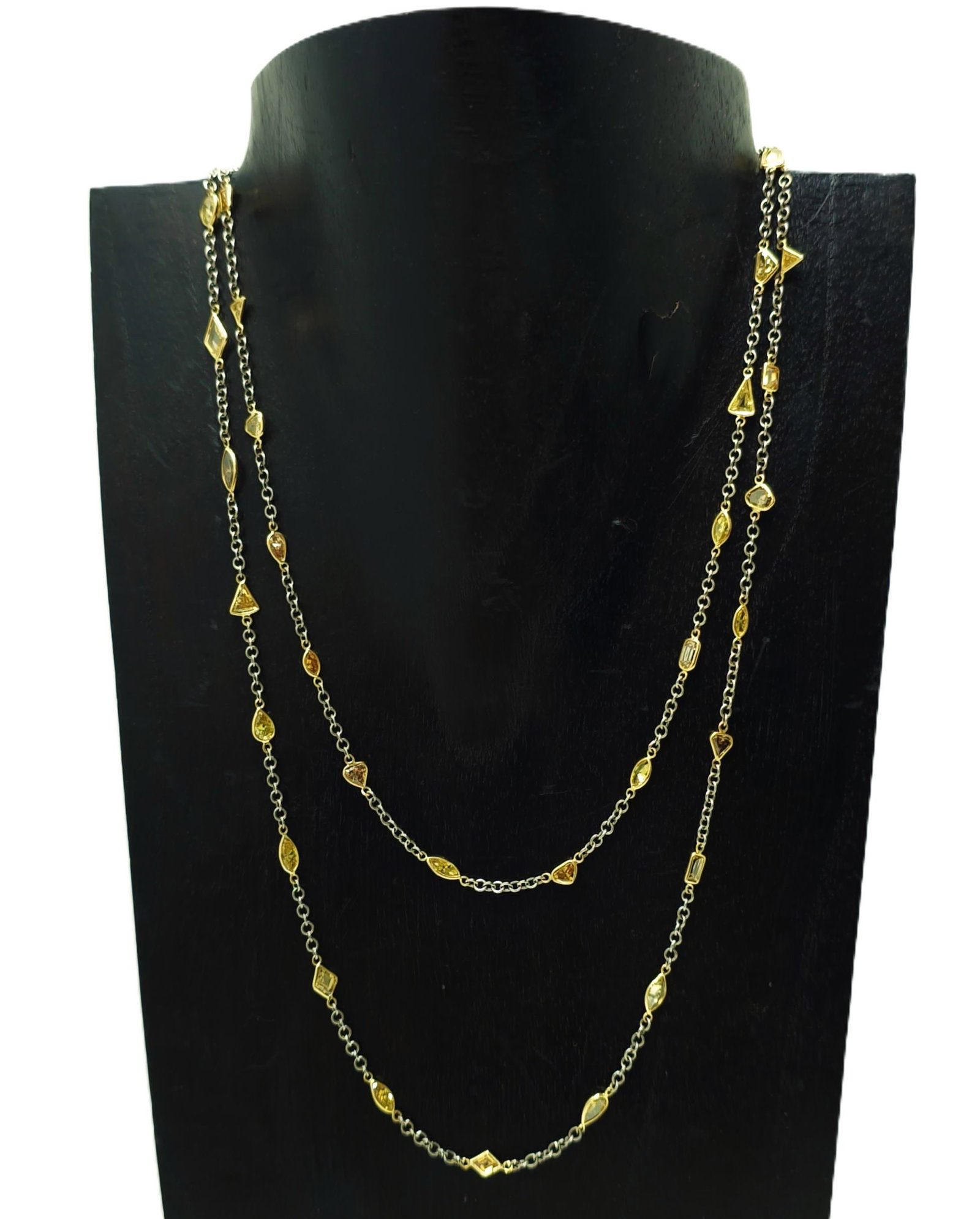 GIA Natural Yellow Orange Brown Fancy Cut Fine Diamond Station Necklace 14K Gold: CNX 0476 1690 Described By: Rachel NYDDD Title: Lot Title Description: Lovely yellow diamonds from yellow to orange to orangish green, to the eye. Type