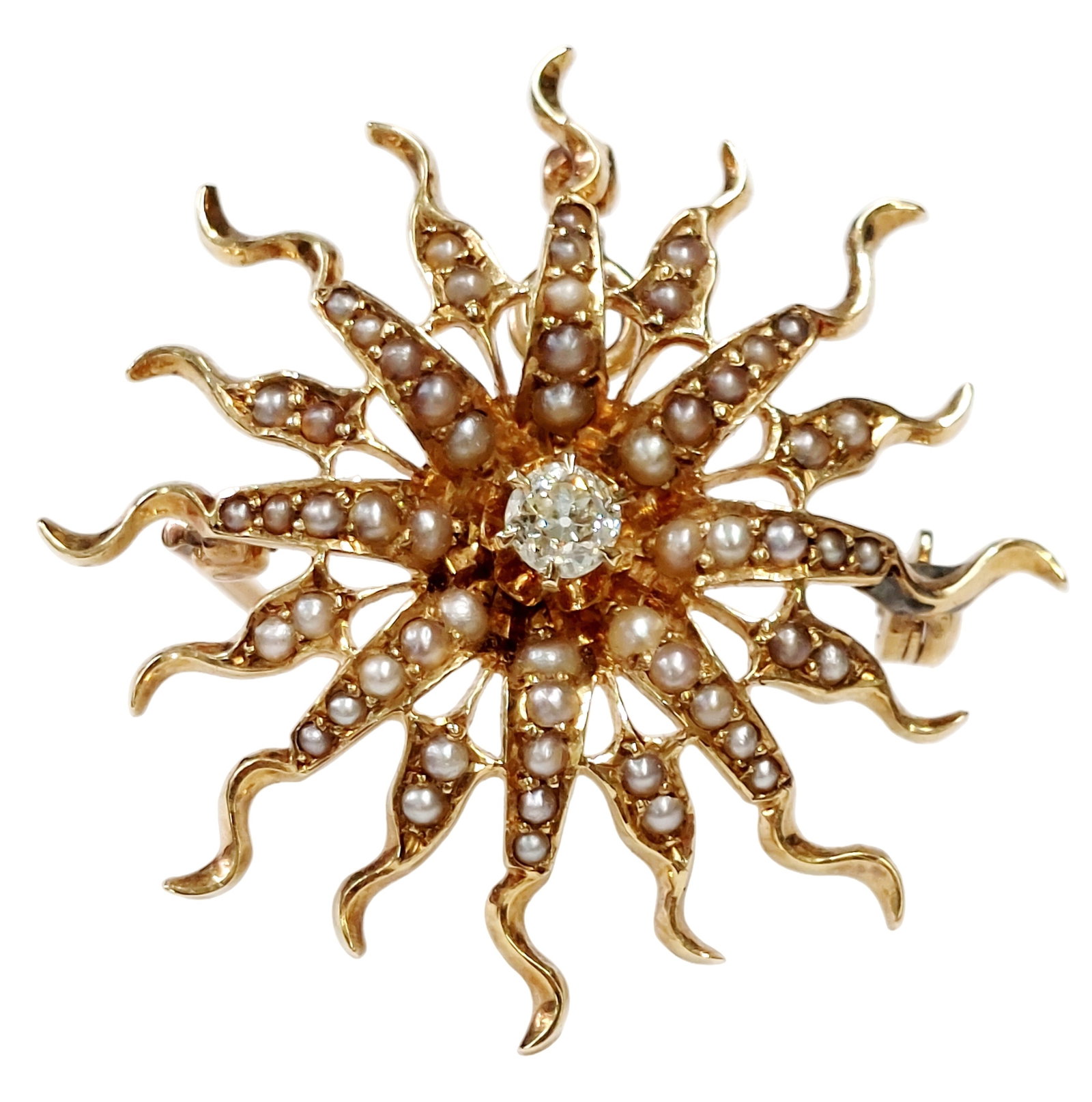 Antique Fine Old Euro Diamond Natural Seed Pearl Large 14k Gold Arts Crafts Sunshine Starburst Pin: HFA DT72497 Described By: Chris AJP GIA NGDD Title: Antique Fine Old Euro Diamond Natural Seed Pearl Large 14k Gold Arts Crafts Sunshine Starburst Pin Pendant Description: