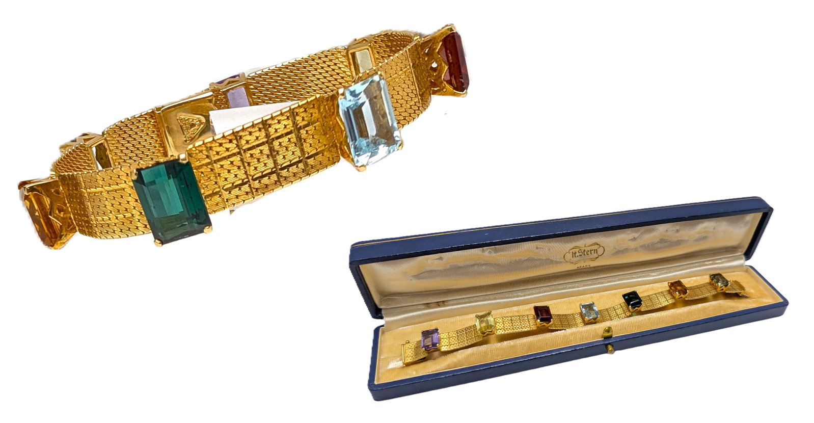 Long 18K H Stern Gold 1960s Aqua Tourmaline Topaz Amethyst Citrine Designer Rainbow Mesh Bracelet: HFA DT72790 Described By: Rachel NGDDD Title: Long 18K H Stern Gold 1960s Aqua Tourmaline Topaz Amethyst Citrine Designer Rainbow Mesh Bracelet Description: Seven stunning gemstones adorn this timeles