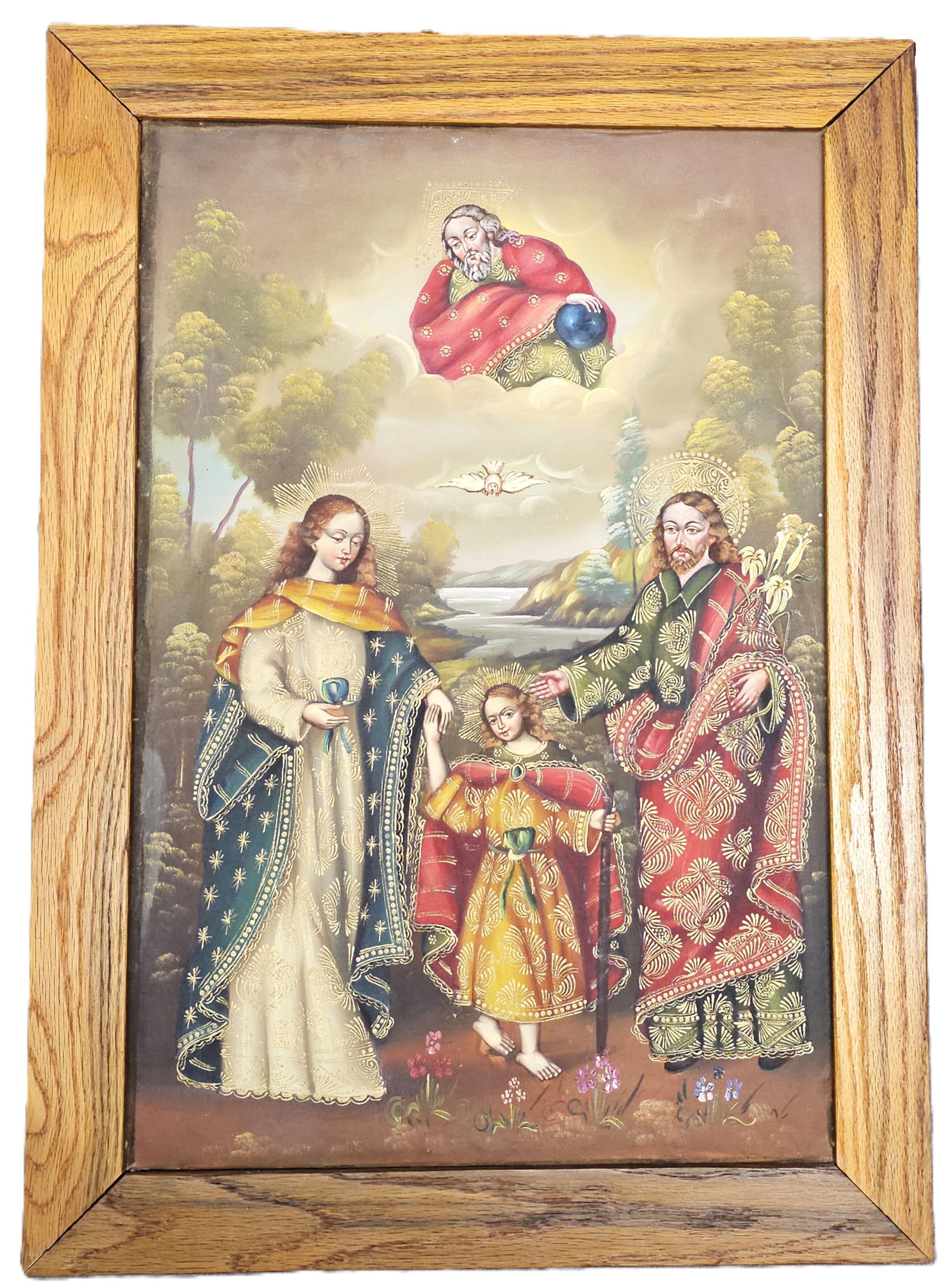 Antique Cusco School Painting Jesus St Mary Joseph Holy Father Oil Canvas Christ: HFA VX Described By: August R ND Title: Antique Cusco School Painting Jesus St Mary Joseph Holy Father Oil Canvas Christ Description: Antique Cusco School Painting Jesu