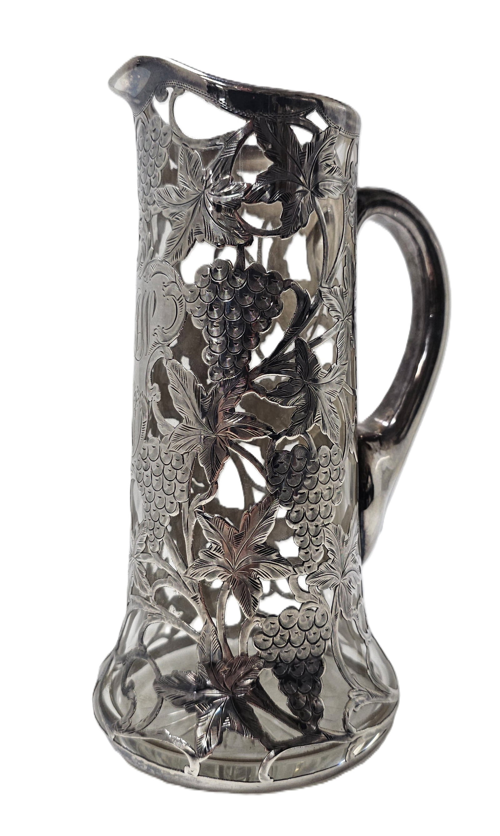 Pretty Gorham Alvin Heavy Sterling Silver Overlay Wine Ewer Floral Grapes Leaves: HFA DT72775 Described By: August R NEDD Title: Pretty Gorham Alvin Heavy Sterling Silver Overlay Wine Ewer Floral Grapes Leaves Description: Pretty Gorham Alvin Heavy Sterling Silver Overlay Wine Ewer