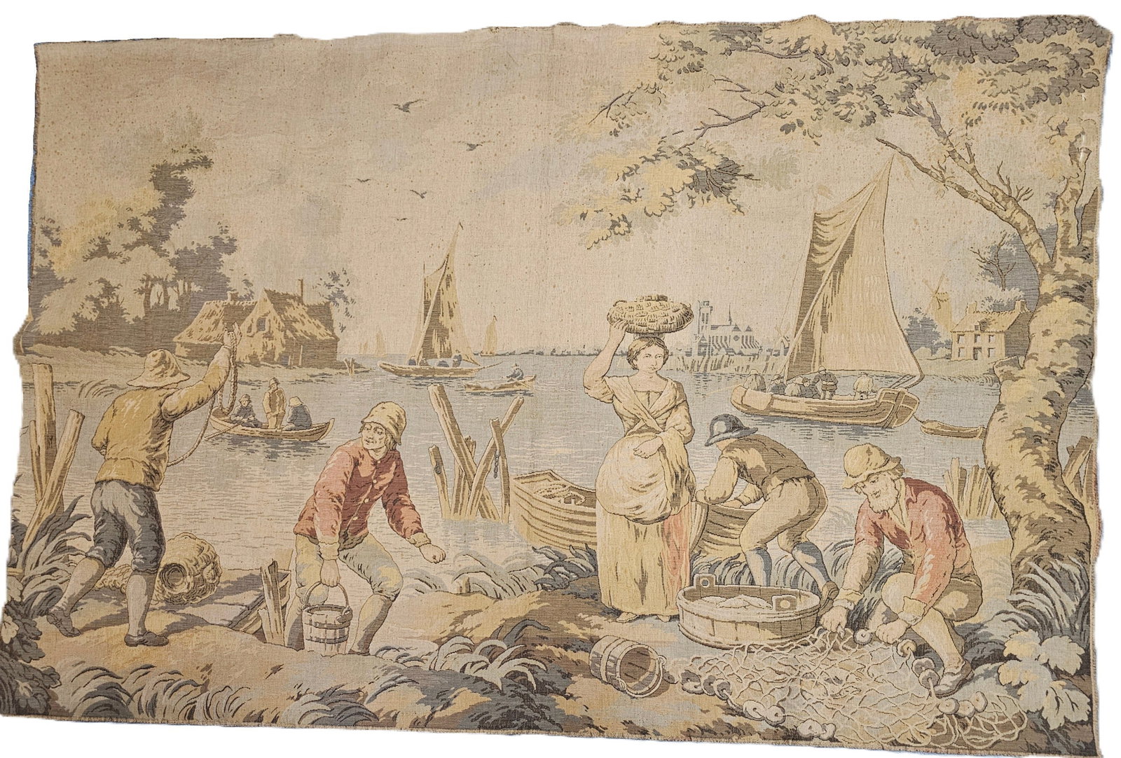 Early Jacquard Antique French Tapestry Colorful Traditional Fishing Scene (1 of 10)
