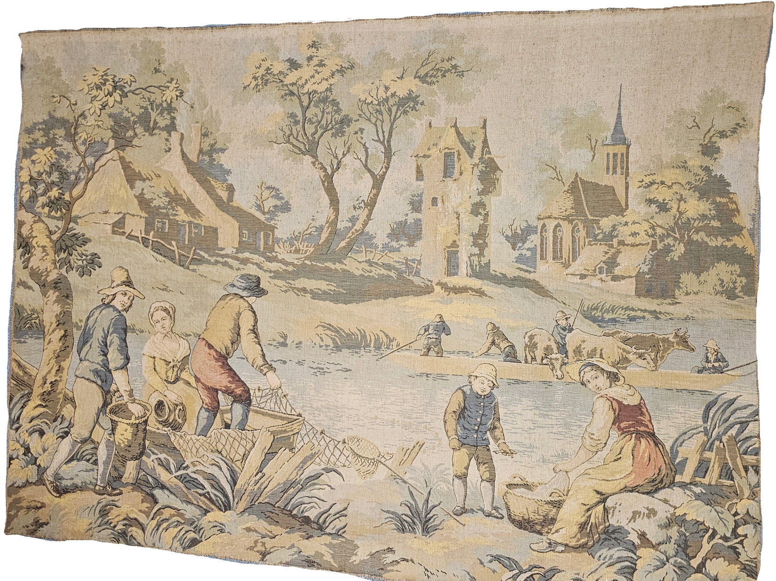 Colorful Pastoral Fishing Scene French Early Jacquard Antique Tapestry (1 of 9)