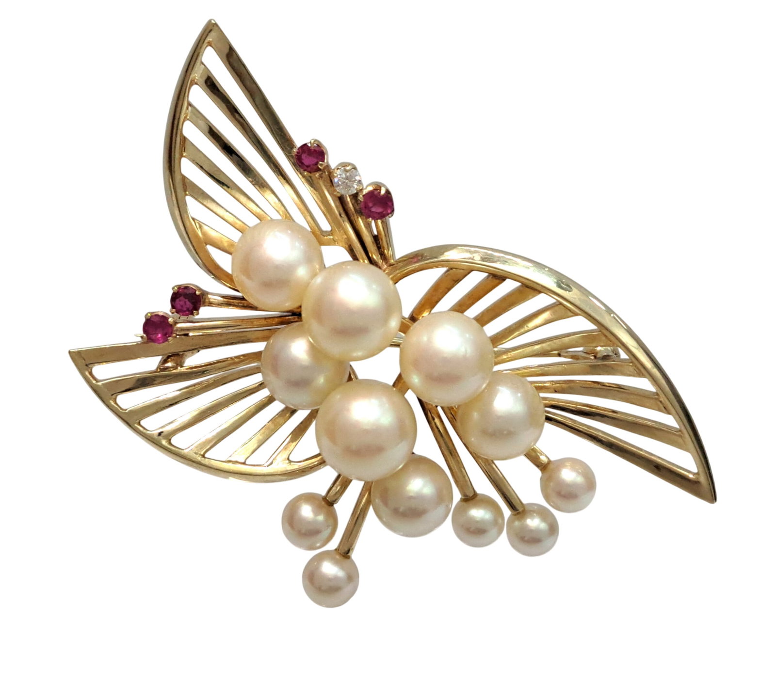 Cool Mid Century 14k Gold Natural Diamond Ruby Mikimoto Brooch w Box 11.7g: HFA DT69512 Described By: Mike NFDDD Title: Cool Mid Century 14k Gold Natural Diamond Ruby Mikimoto Brooch w Box 11.7g Description: Beautiful piece! Make it yours today. Happy bidding! Type of J