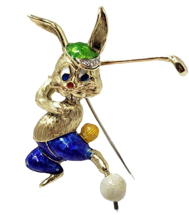 Whimsical 14k Gold Enamel Bunny Rabbit Diamond Hat Golfer Brooch Pin Mid Century 30.4g: HFA DT67033 Described By: Mike NFMFD Title: Whimsical 14k Gold Enamel Bunny Rabbit Diamond Hat Golfer Brooch Pin Mid Century 30.4g Description: Very cool! Make it yours today. Happy bidding! Typ