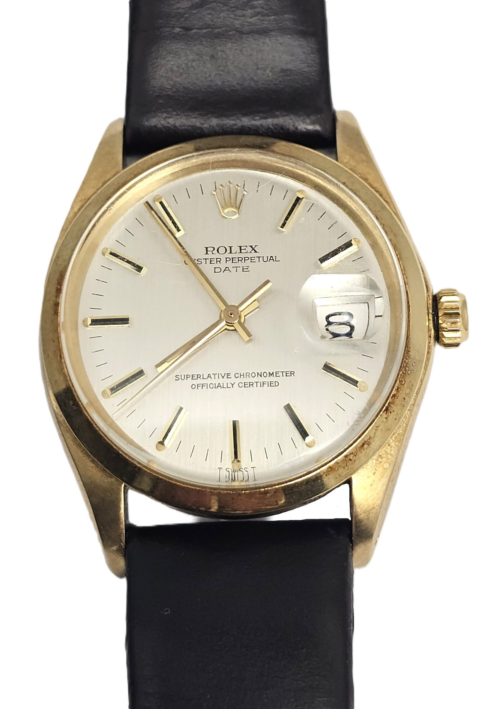 Rolex 1500 Vintage Oyster Perpetual Date 14k Solid Gold Watch w Leather Strap: HFA DT72984 Described By: August R NGDDD Title: Rolex 1500 Vintage Oyster Perpetual Date 14k Solid Gold Watch w Leather Strap Description: Rolex 1500 Vintage Oyster Per