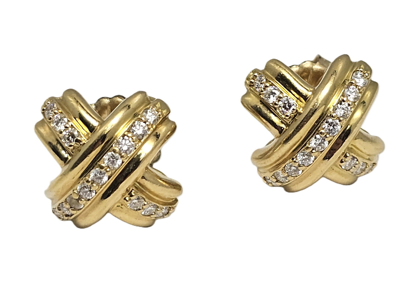 Cute Large Sized Tiffany Co 18k Gold Diamond X Crisscross Omega Earrings Studs: HFA DT72960 Described By: August R NYED Title: Cute Large Sized Tiffany amp; Co 18k Gold Diamond X Crisscross Omega Earrings Studs Description: Cute Large Sized Tiffany