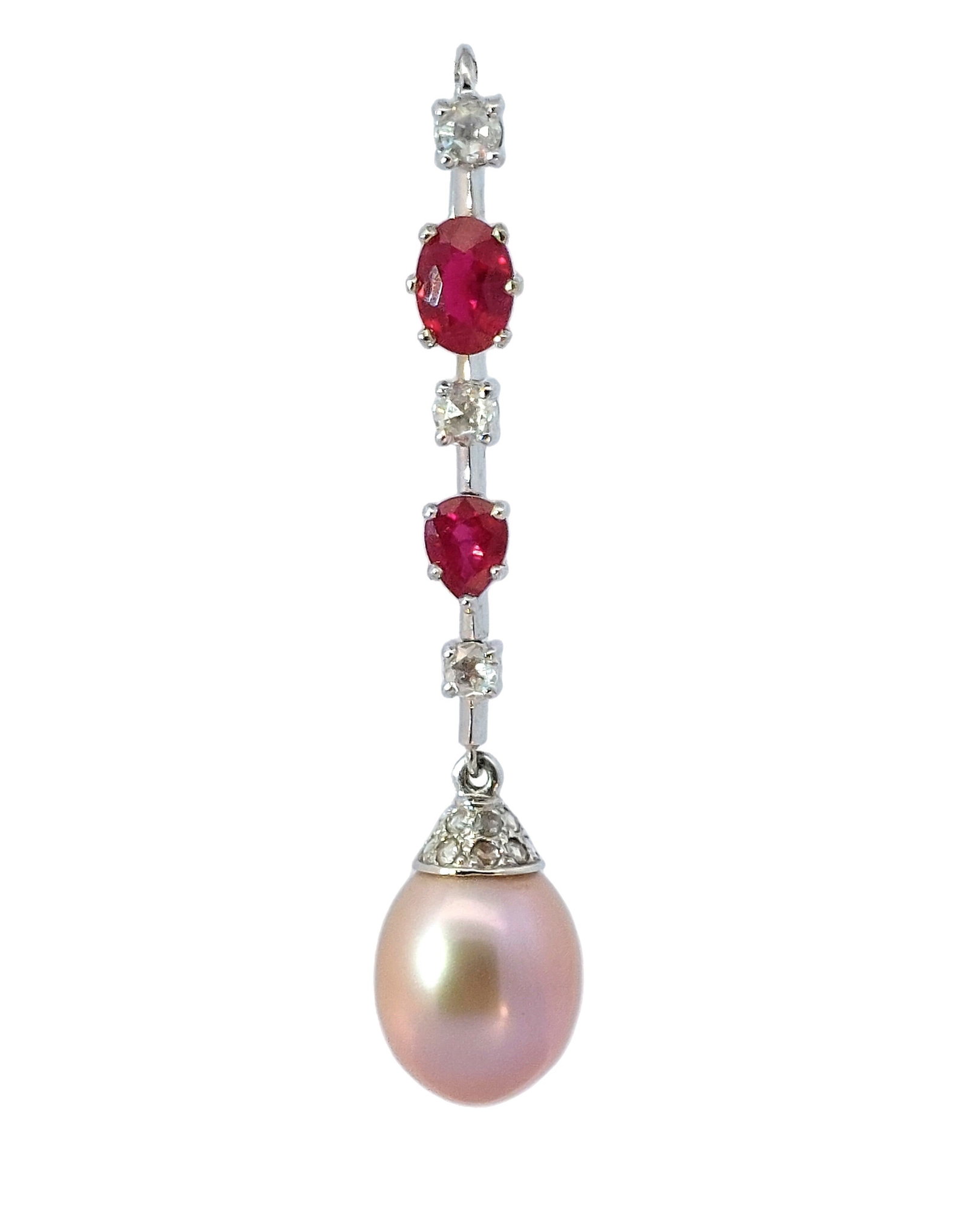 Rare Vivid Red GIA Burma Ruby Rose Cut Diamond 18k White Gold Large Pink Pearl Dangle Drop Pendant: HFA DT72929 Described By: Chris AJP GIA NOOED Title: Rare Vivid Red GIA Burma Ruby Rose Cut Diamond 18k White Gold Large Pink Pearl Dangle Drop Pendant Description: An