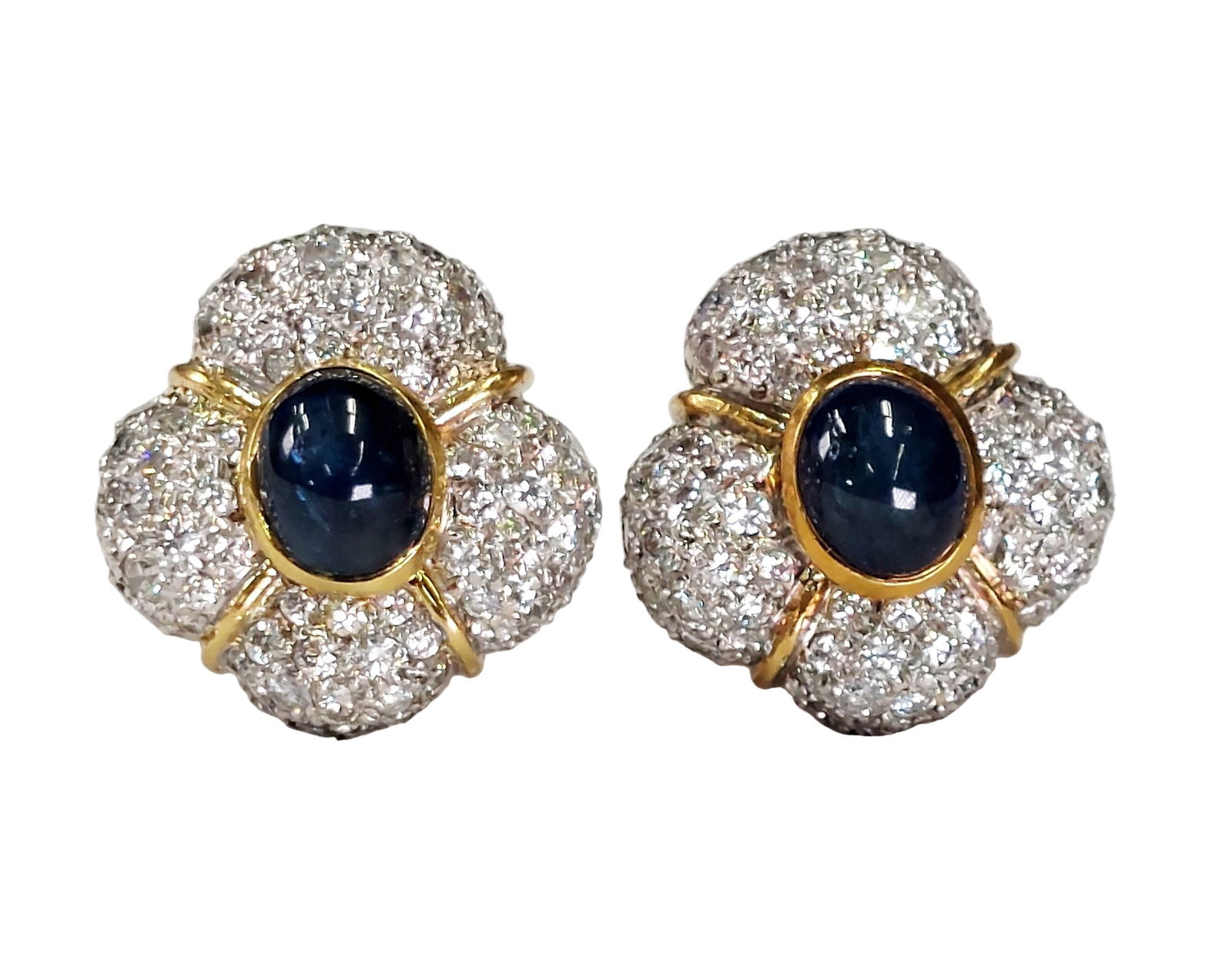 Natural Sapphire Cabohons 18k Gold Fine White Diamond Pave Earrings w/ 14k Omega Backs: HFA DT72998 Described By: Chris AJP GIA NFEDD Title: Natural Sapphire Cabohons 18k Gold Fine White Diamond Pave Earrings w/ 14k Omega Backs Description: An upscale pair
