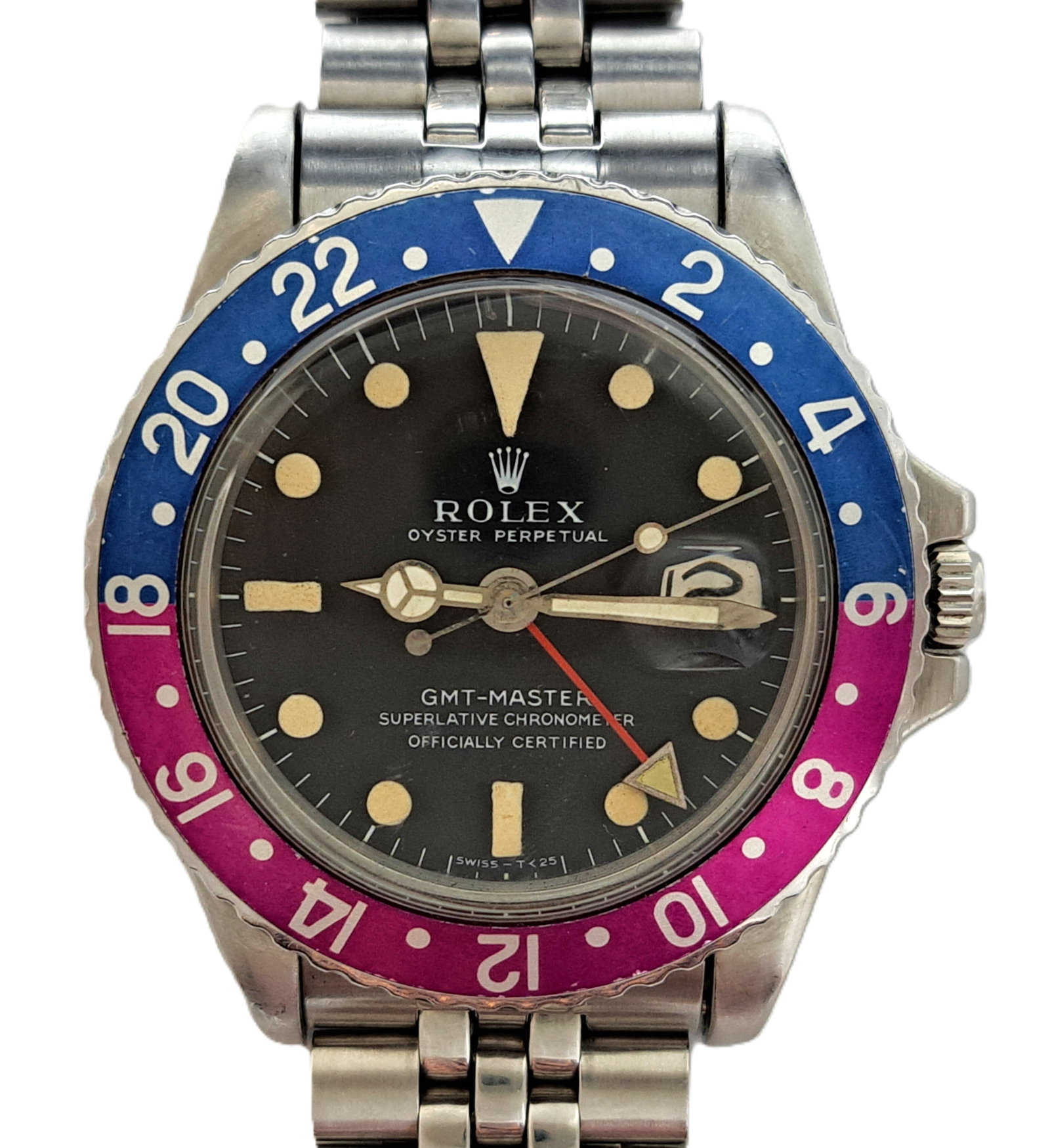 Rare Vintage Rolex GMT Master Pepsi 1675 Ghost Pink Bezel Mens Wrist Watch Original Dial Genuine: HFA DT70935 Described By: Mike NFODDD Title: Rare Vintage Rolex GMT Master Pepsi 1675 Ghost Pink Bezel Mens Wrist Watch Original Dial Genuine Bracelet Description: Cool