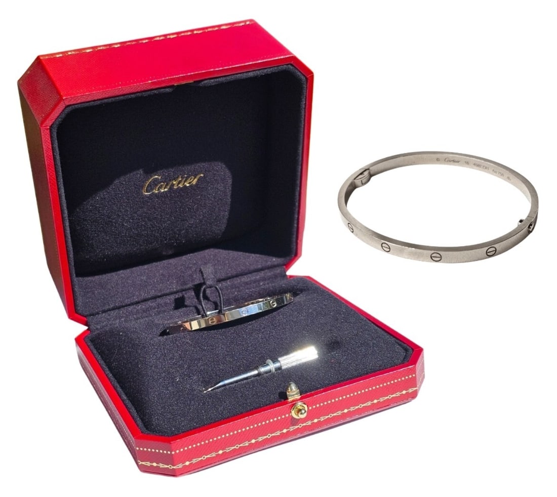 18k White Gold Cartier Love Bracelet Size 16 Box Receipt & Full Care Kit: HFA DT73012 Described By: Adams NREDD Title: 18k White Gold Cartier Love Bracelet Size 16 Box Receipt & Full Care Kit Description: 18k White Gold Cartier Love Brace