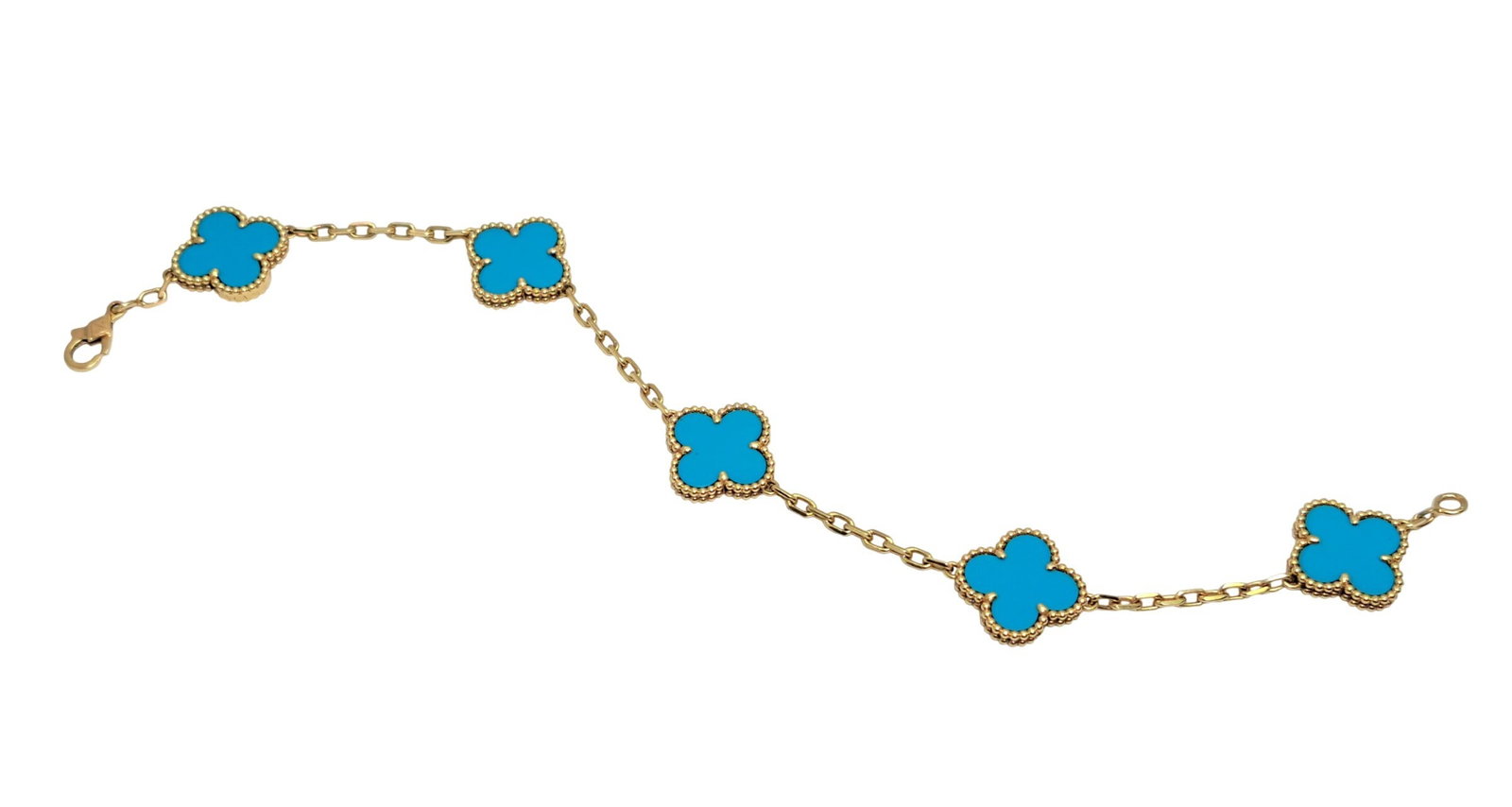 Vintage Van Cleef & Arpels 18k Yellow Gold 5 Motif Turquoise Alhambra Bracelet 7.25 Inch: HFA DT73044 Described By: Mike NFOED Title: Vintage Van Cleef & Arpels 18k Yellow Gold 5 Motif Turquoise Alhambra Bracelet 7.25 Inch Description: Take home a Van Cl