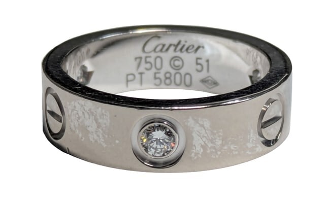 Cartier 18K White Gold Fine Diamond LOVE Wedding Band Ring Size 51: HFA DT70677 Described By: Mike NEDD Title: Cartier 18K White Gold Fine Diamond LOVE Wedding Band Ring Size 51 Description: Stunning piece by Cartier! Make it yours toda