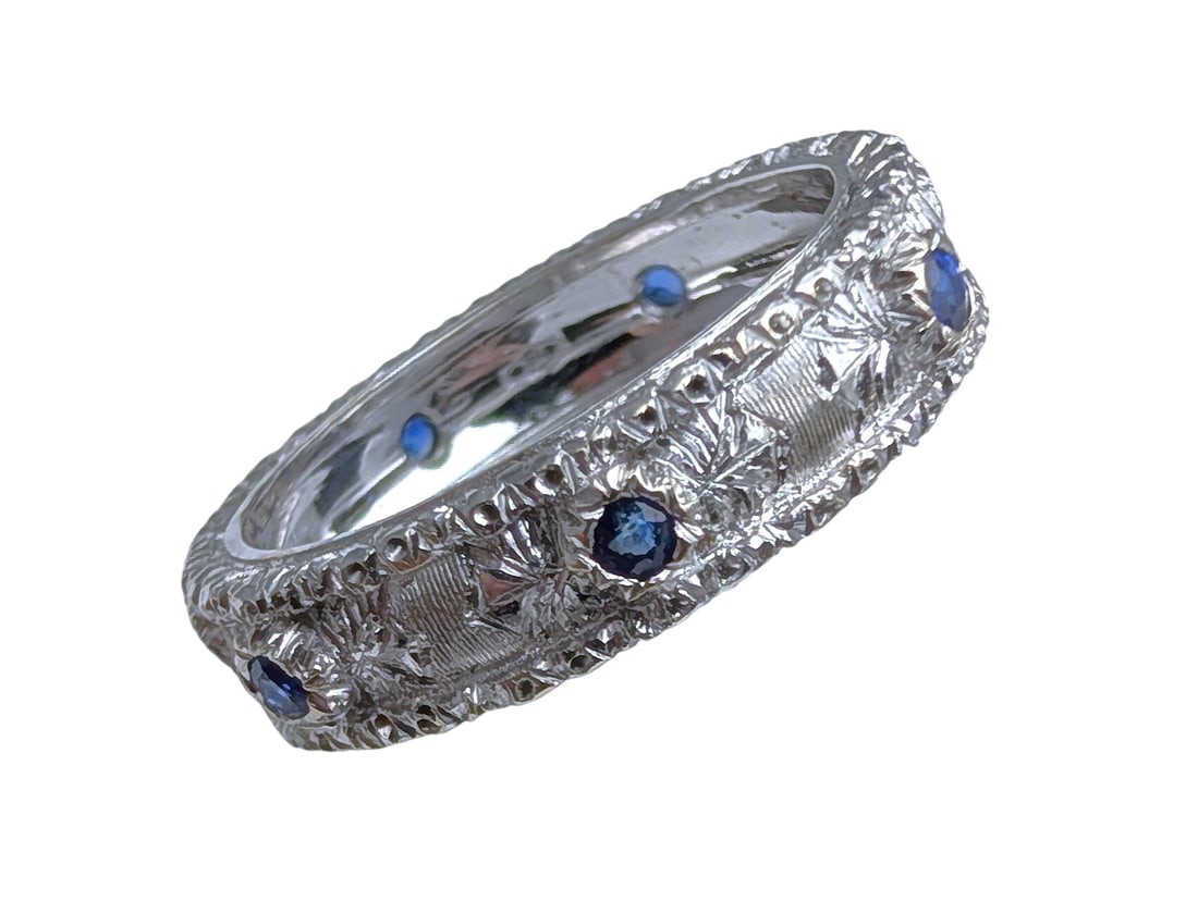 Mario Buccellati Natural Blue Sapphire 18K White Gold Textured Ring Band (1 of 10)