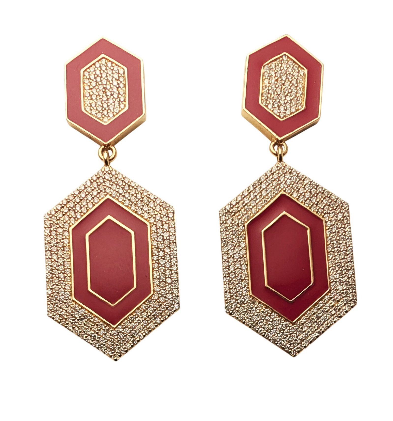 Designer Signed 14K Gold 2.78CTW Diamond Magenta Enamel Dangle Drop Earrings: HFA DT60396 Described By: Rachel NYDD Title: Designer Signed 14K Gold 2.78CTW Diamond Magenta Enamel Dangle Drop Earrings Description: Designer Signed 14K Gold 2.78CT